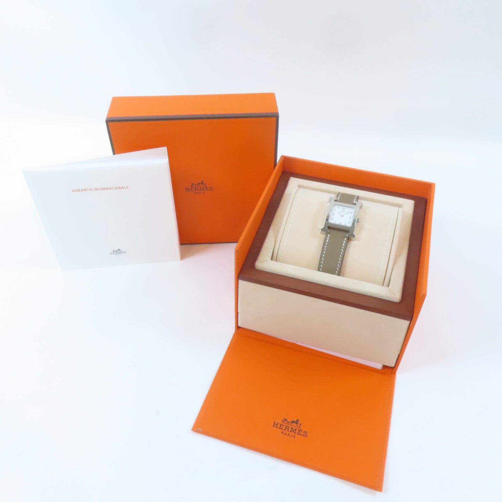HERMES H Watch不鏽鋼/皮革手錶石英機芯白色#16cm