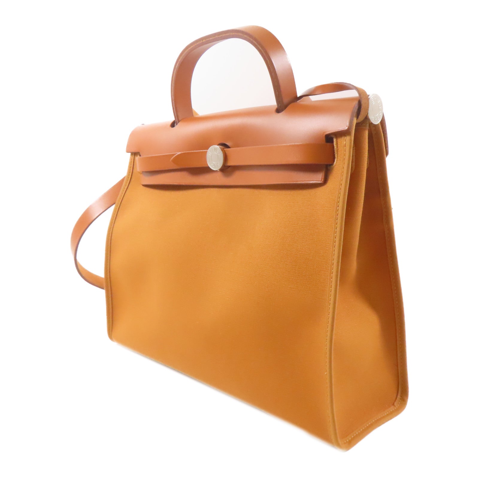 HERMES 帆布/皮革Herbag PM銀扣手挽肩背兩用袋Fauve/啡色