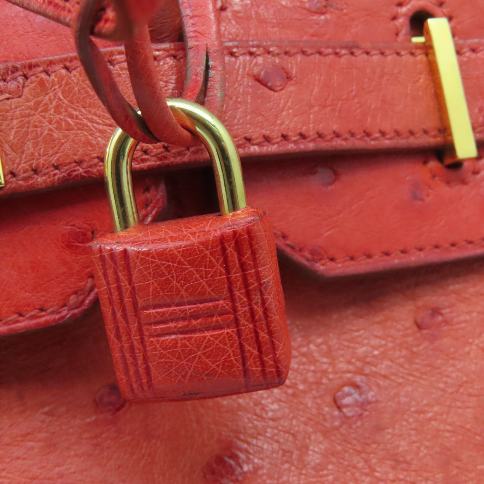 HERMES Ostrich Leather Birkin 35 Gold Buckle Hand Bag Ostrich Red
