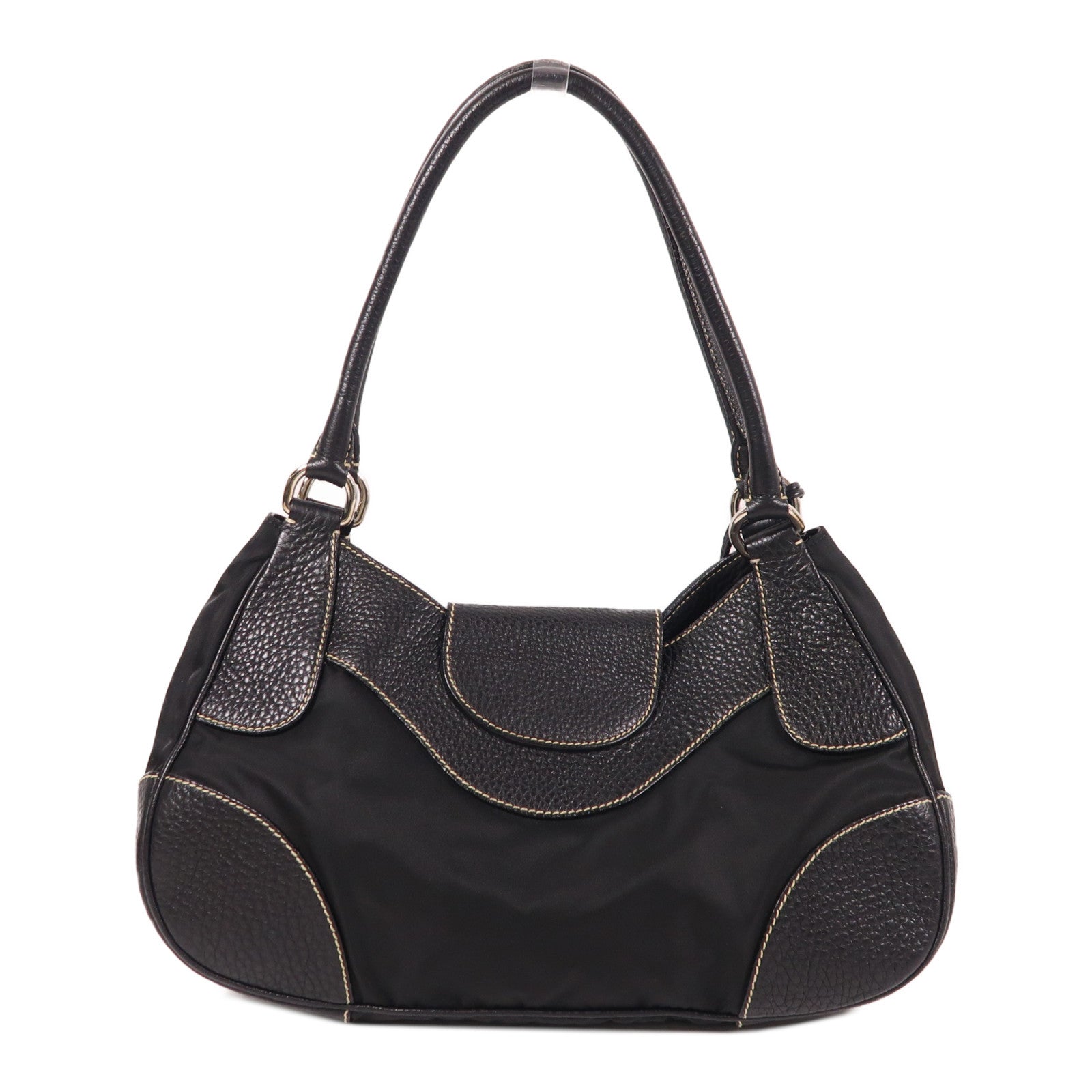 PRADA 尼龍/牛皮皮革Shoulder Bag銀扣肩背袋