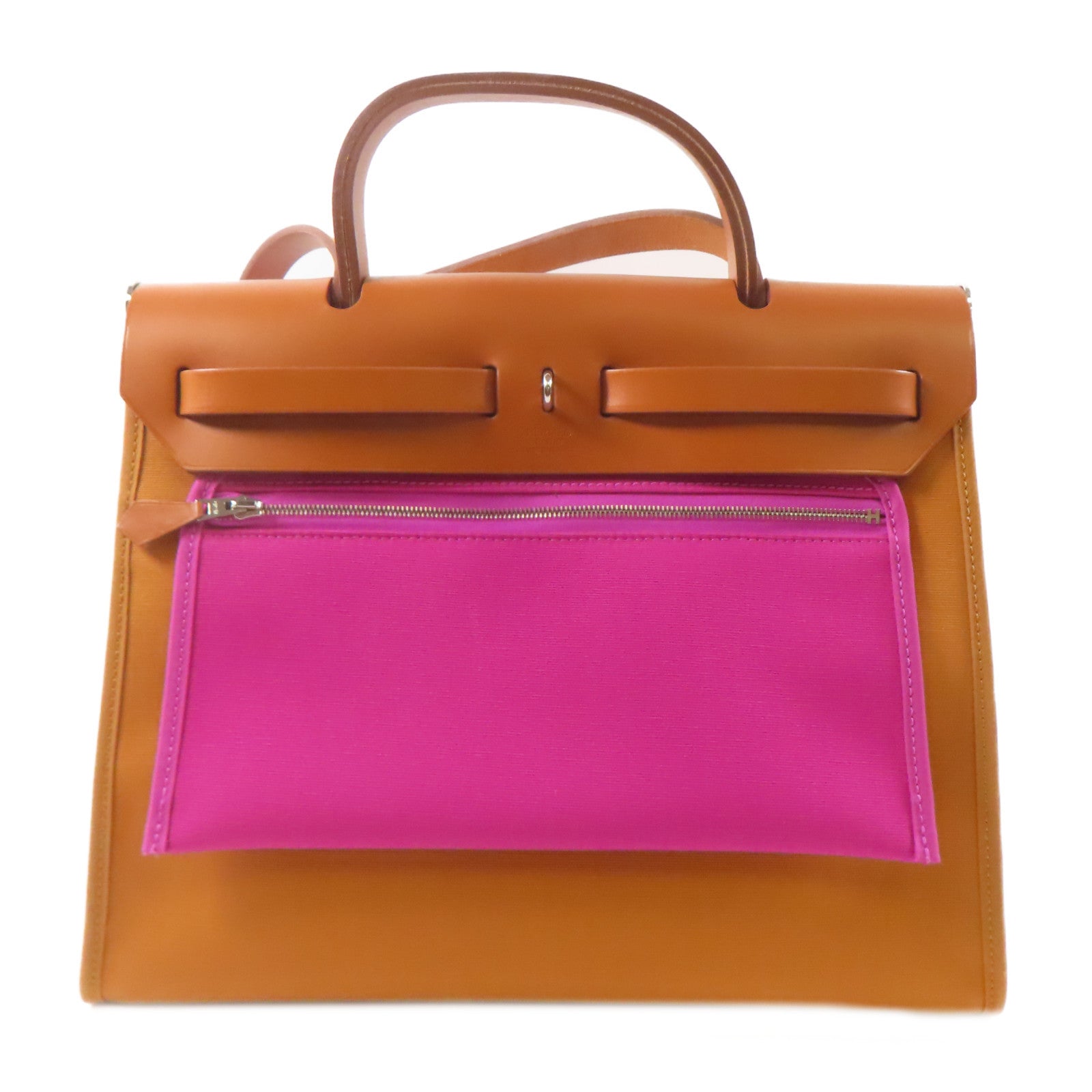 HERMES 帆布/皮革Herbag PM銀扣手挽肩背兩用袋Fauve/啡色