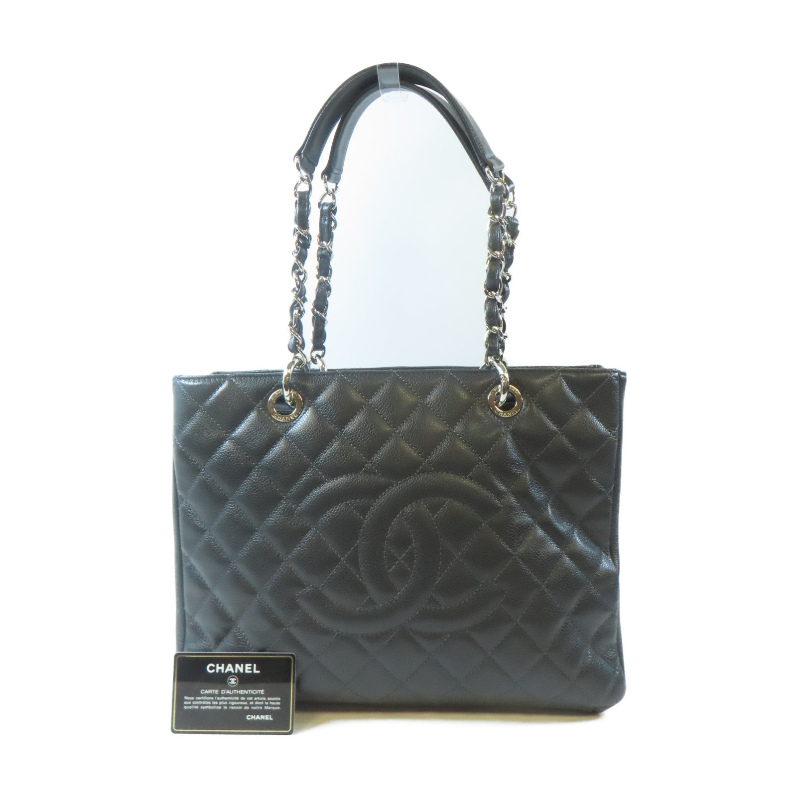 CHANEL 菱格Caviar皮革GST Grand Shopping Tote Bag銀扣肩背袋灰色