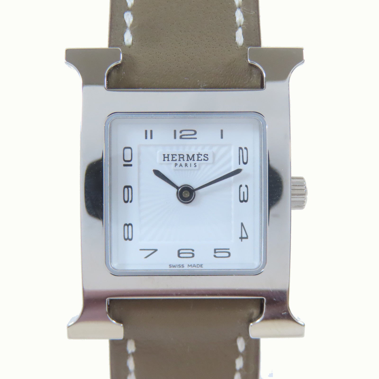 HERMES H Watch不鏽鋼/皮革手錶石英機芯白色#16cm