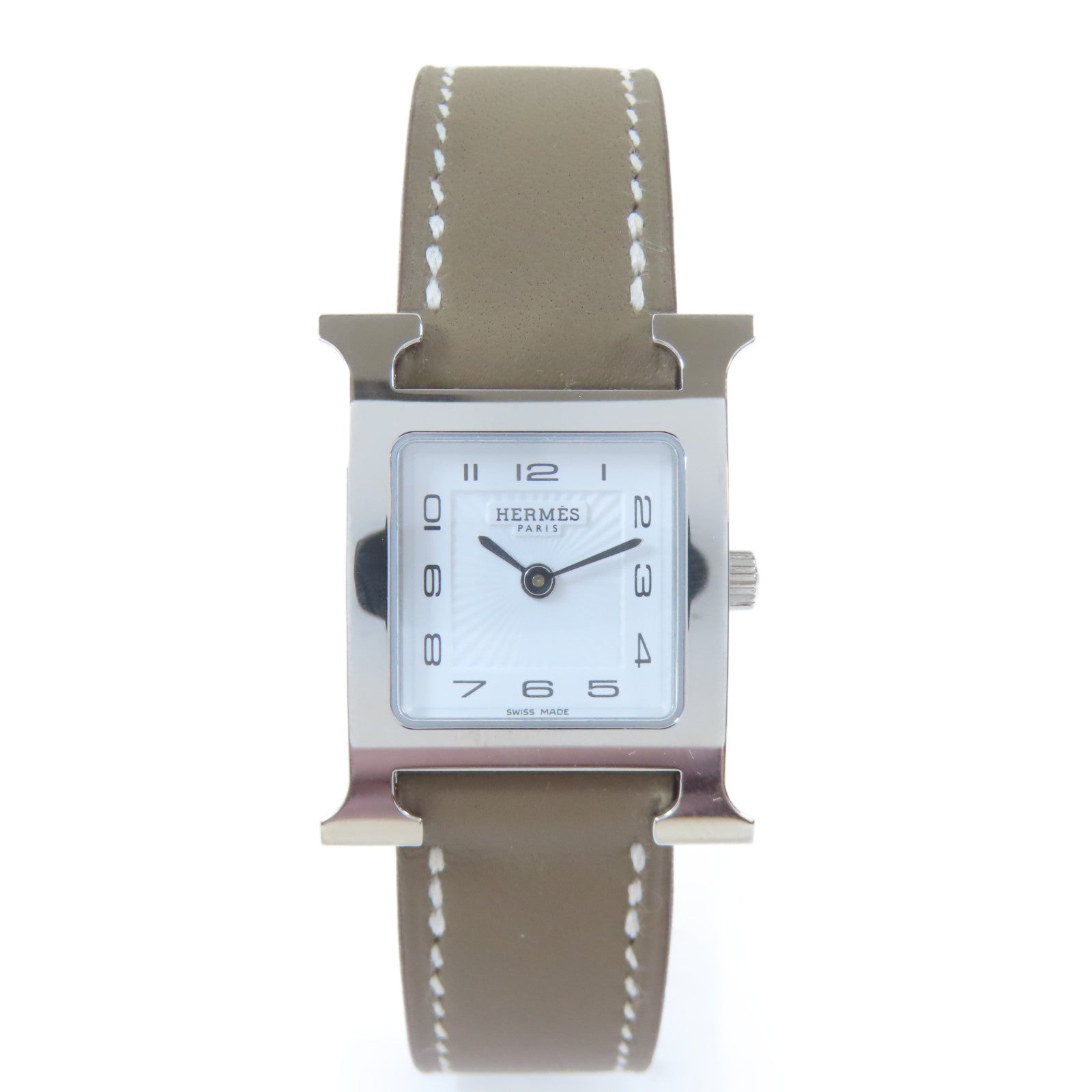 HERMES H Watch不鏽鋼/皮革手錶石英機芯白色#16cm