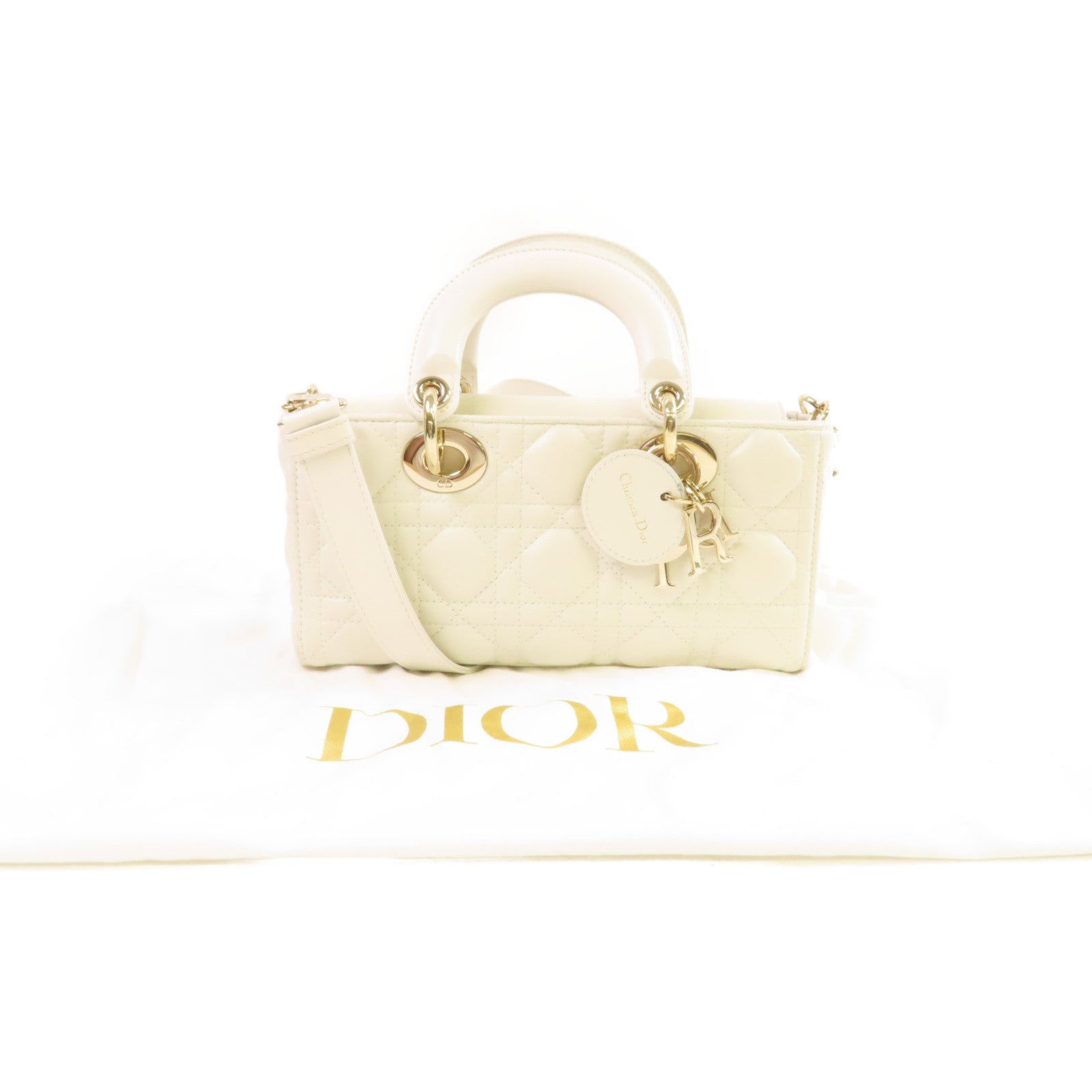 Dior 羊皮皮革Lady D-Joy Shoulder Bag金扣手挽肩背兩用袋白色