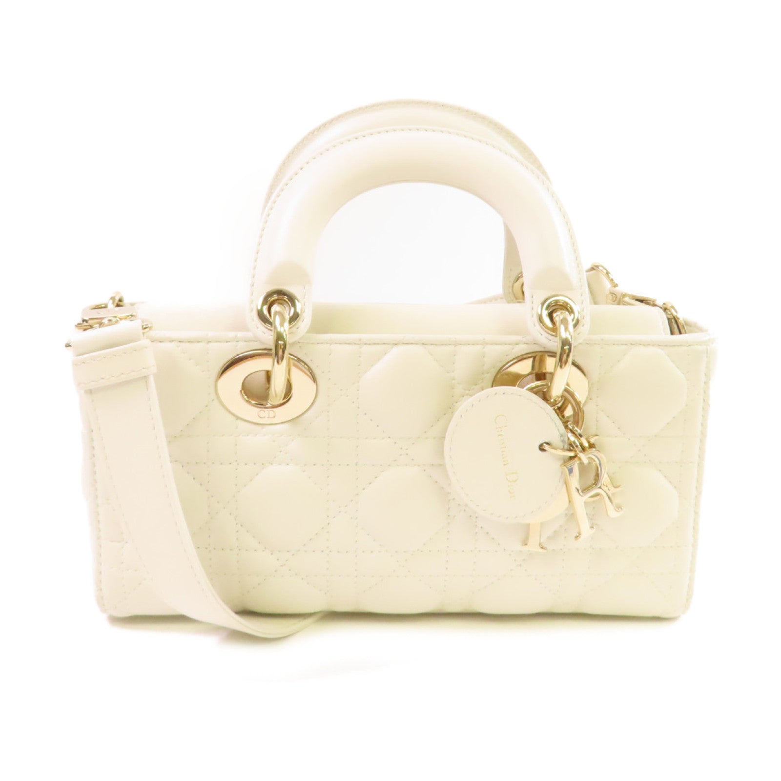 Dior 羊皮皮革Lady D-Joy Shoulder Bag金扣手挽肩背兩用袋白色