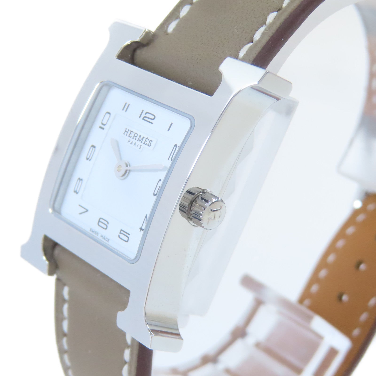 HERMES H Watch不鏽鋼/皮革手錶石英機芯白色#16cm