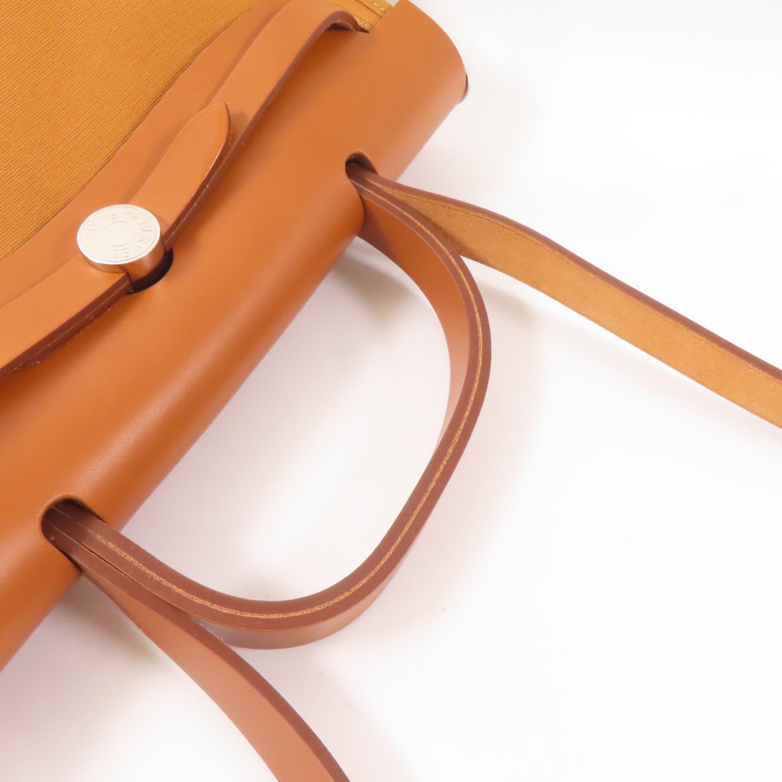 HERMES 帆布/皮革Herbag PM銀扣手挽肩背兩用袋Fauve/啡色