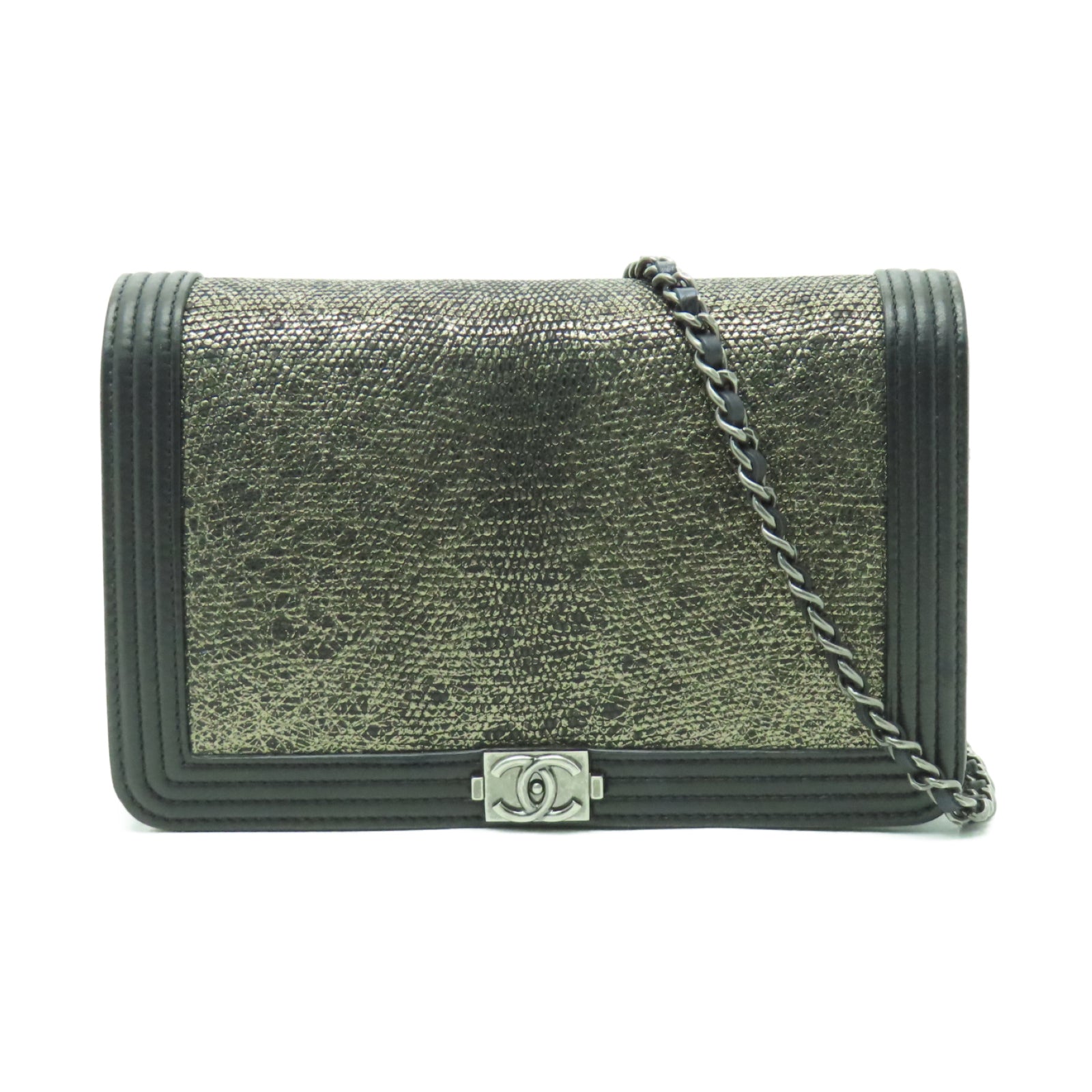 CHANEL **【激減優惠】蜥蝪皮革Wallet On Chain銀扣鏈帶肩背袋金色/黑色
