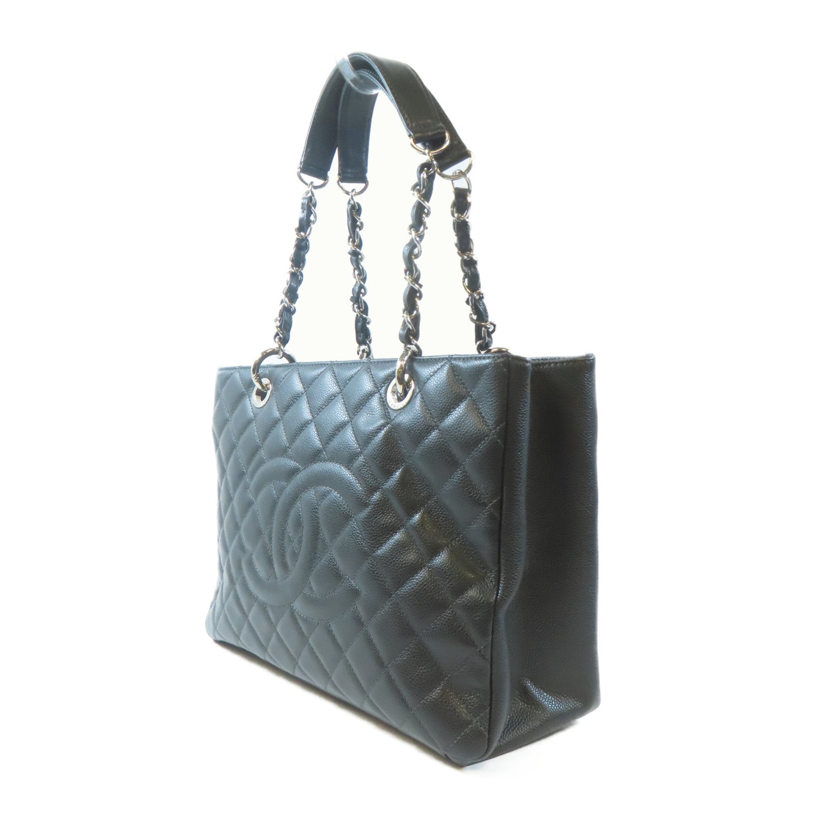 CHANEL 菱格Caviar皮革GST Grand Shopping Tote Bag銀扣肩背袋灰色