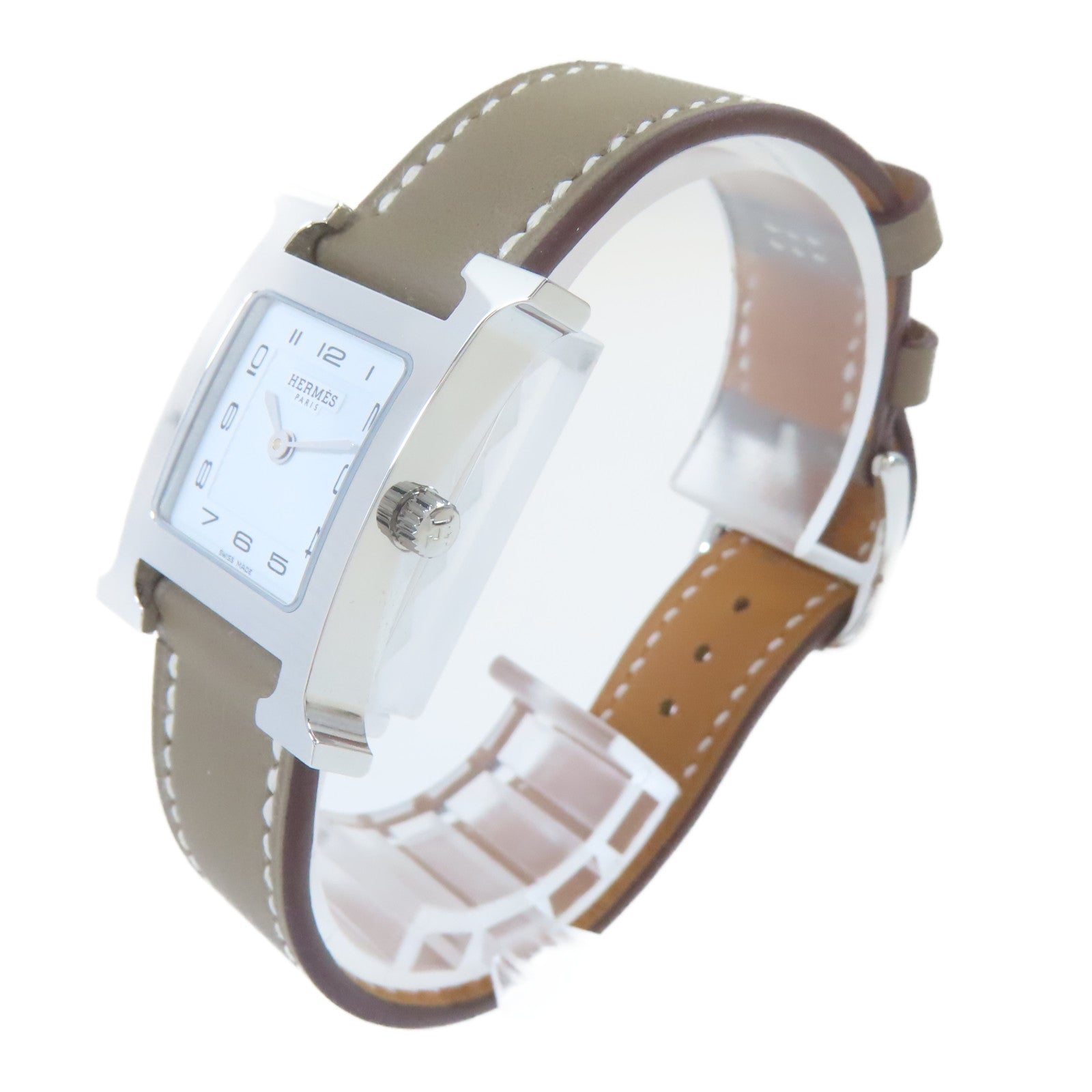HERMES H Watch不鏽鋼/皮革手錶石英機芯白色#16cm