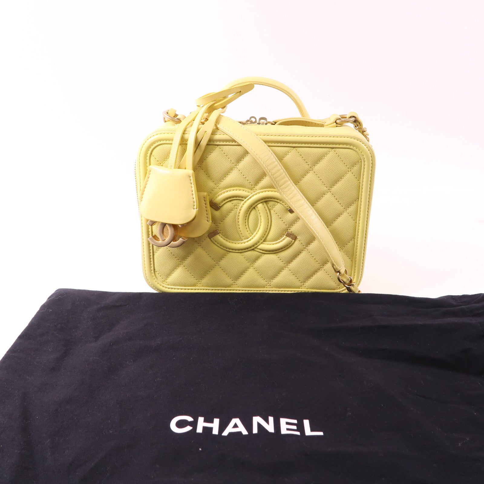 CHANEL 牛皮皮革Vanity Case金扣鏈帶手挽肩背兩用袋