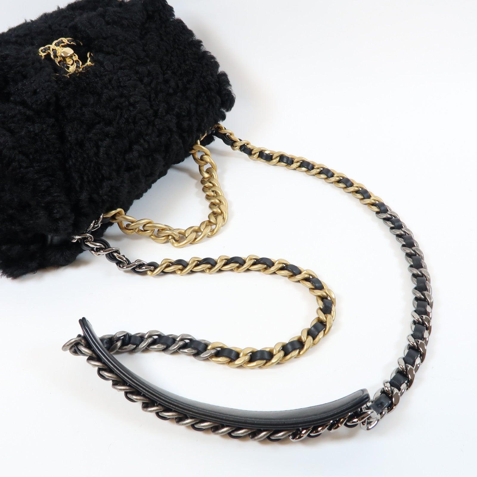CHANEL 【激減優惠】毛茸2 Way Chain Shoulder Bag金扣鏈帶肩背袋黑色