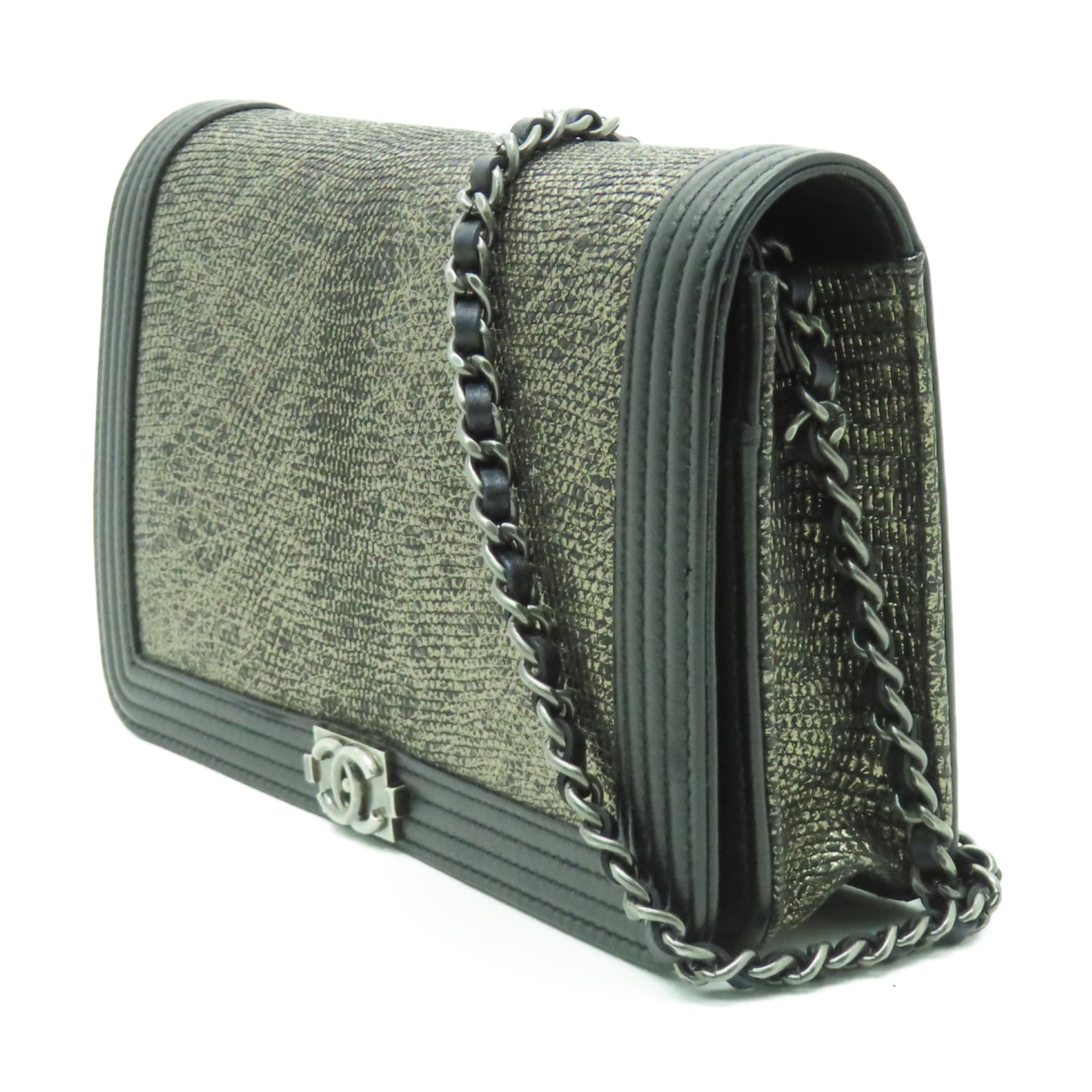 CHANEL **【激減優惠】蜥蝪皮革Wallet On Chain銀扣鏈帶肩背袋金色/黑色