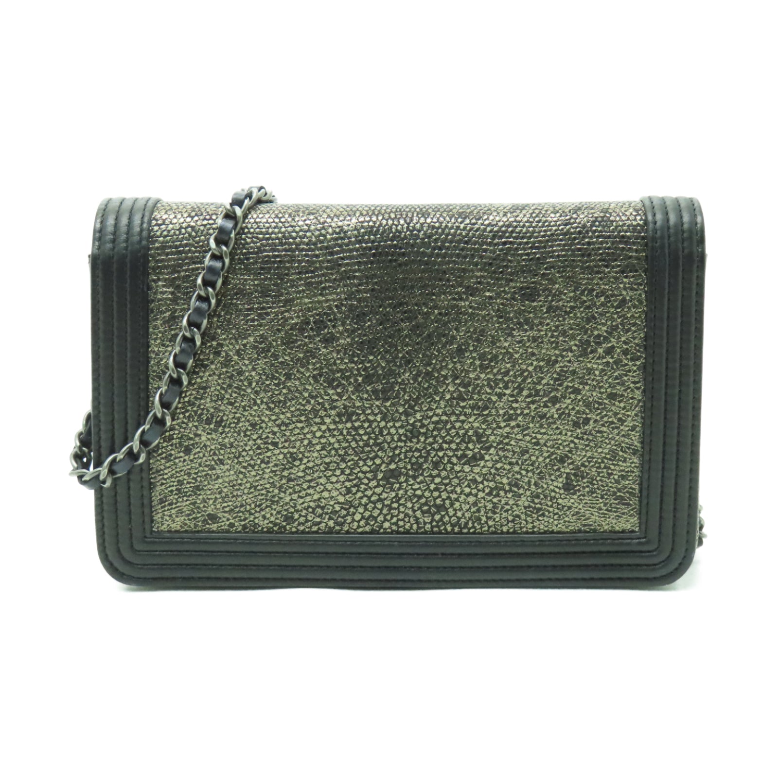 CHANEL **【激減優惠】蜥蝪皮革Wallet On Chain銀扣鏈帶肩背袋金色/黑色