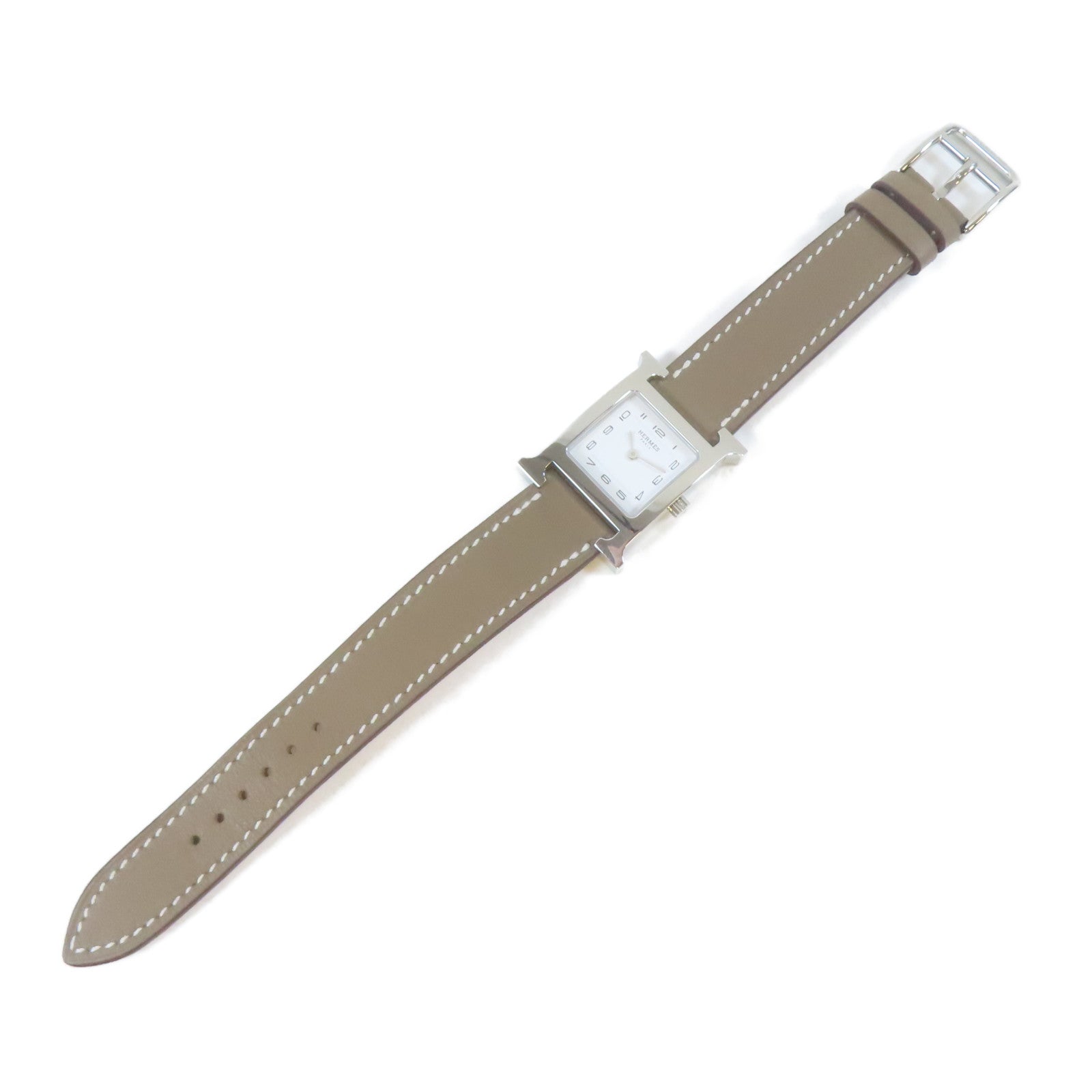 HERMES H Watch不鏽鋼/皮革手錶石英機芯白色#16cm