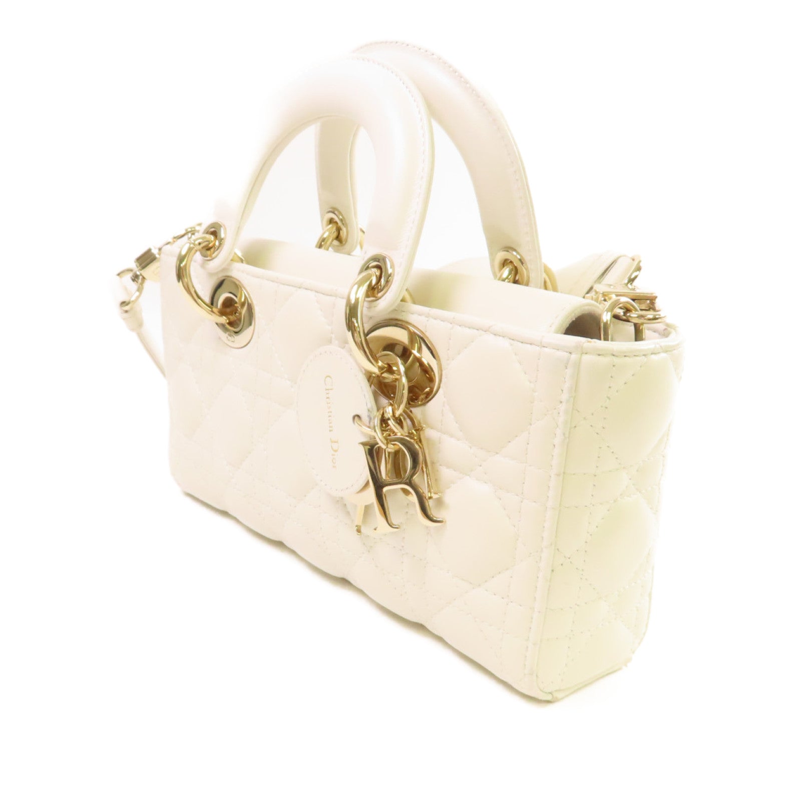 Dior 羊皮皮革Lady D-Joy Shoulder Bag金扣手挽肩背兩用袋白色