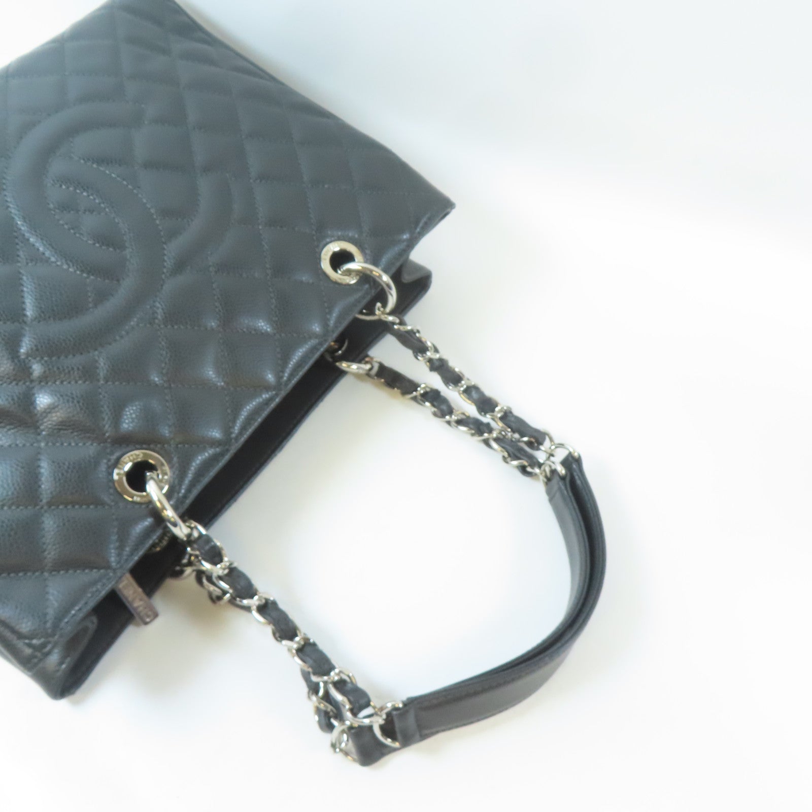 CHANEL 菱格Caviar皮革GST Grand Shopping Tote Bag銀扣肩背袋灰色