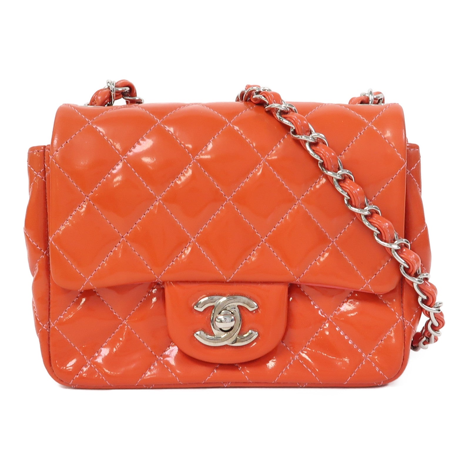 CHANEL 【激減優惠】菱格漆皮Classic Mini Square Chain Shoulder Bag銀扣鏈帶肩背袋橙色