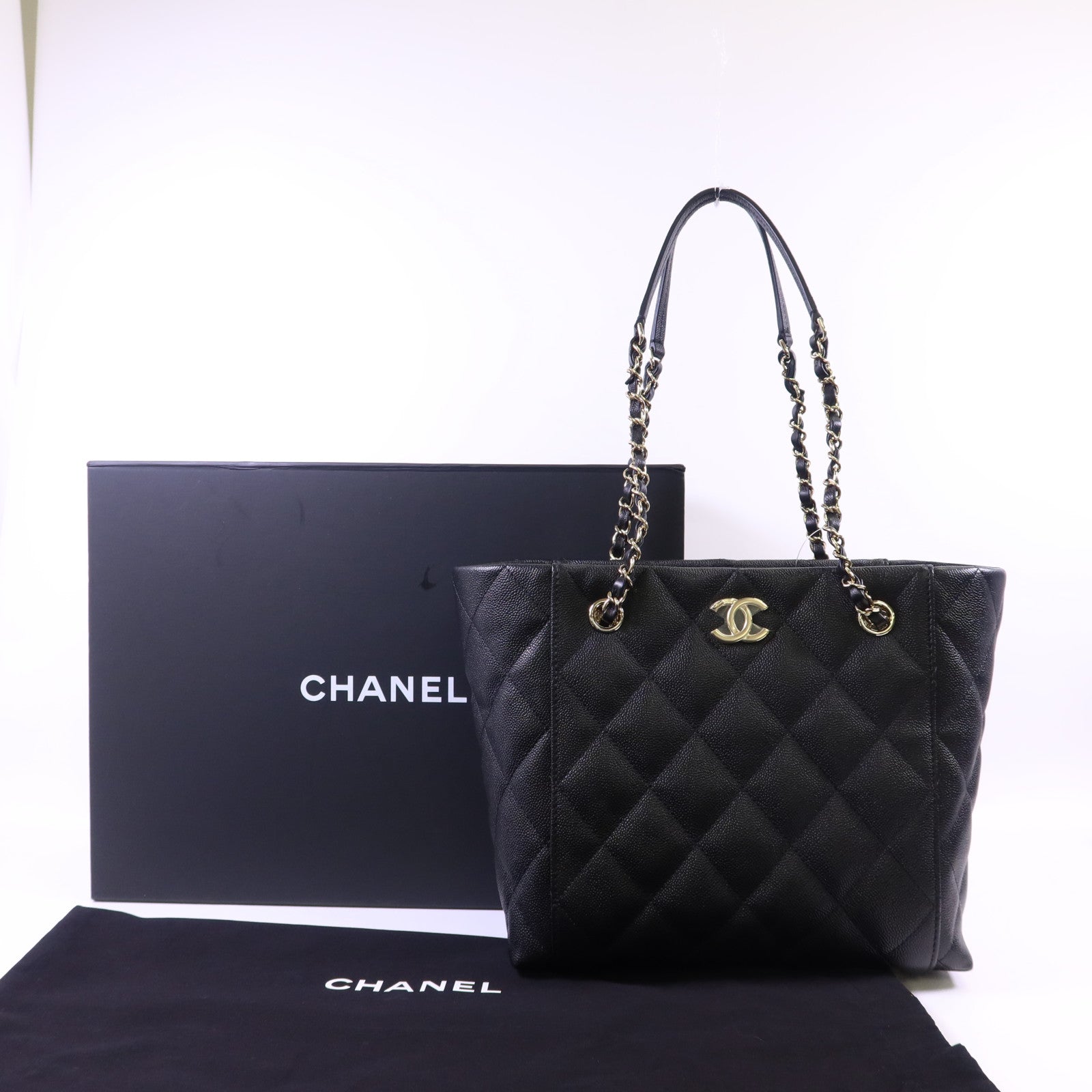 CHANEL 牛皮皮革Shoulder Tote金扣鏈帶肩背袋