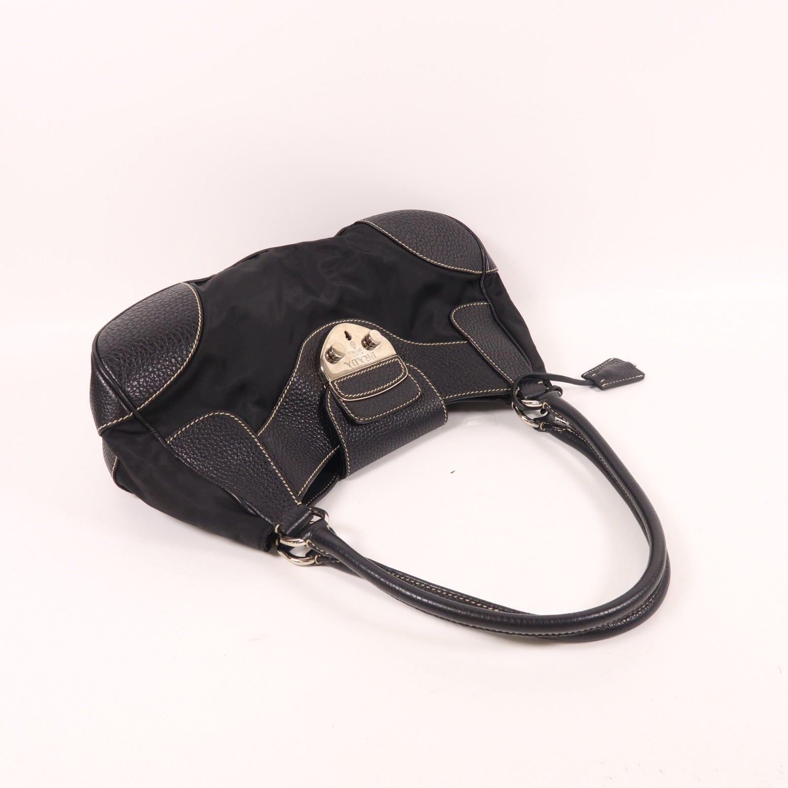 PRADA 尼龍/牛皮皮革Shoulder Bag銀扣肩背袋