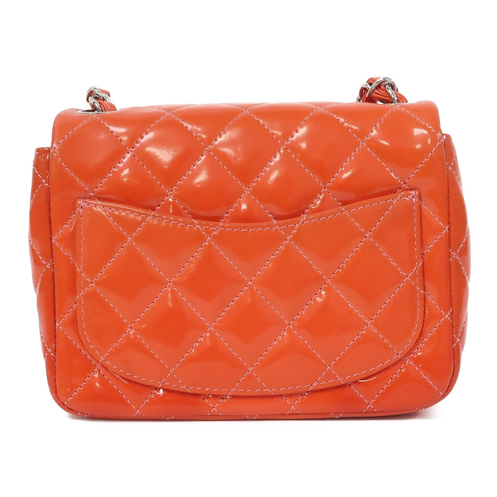 CHANEL 【激減優惠】菱格漆皮Classic Mini Square Chain Shoulder Bag銀扣鏈帶肩背袋橙色