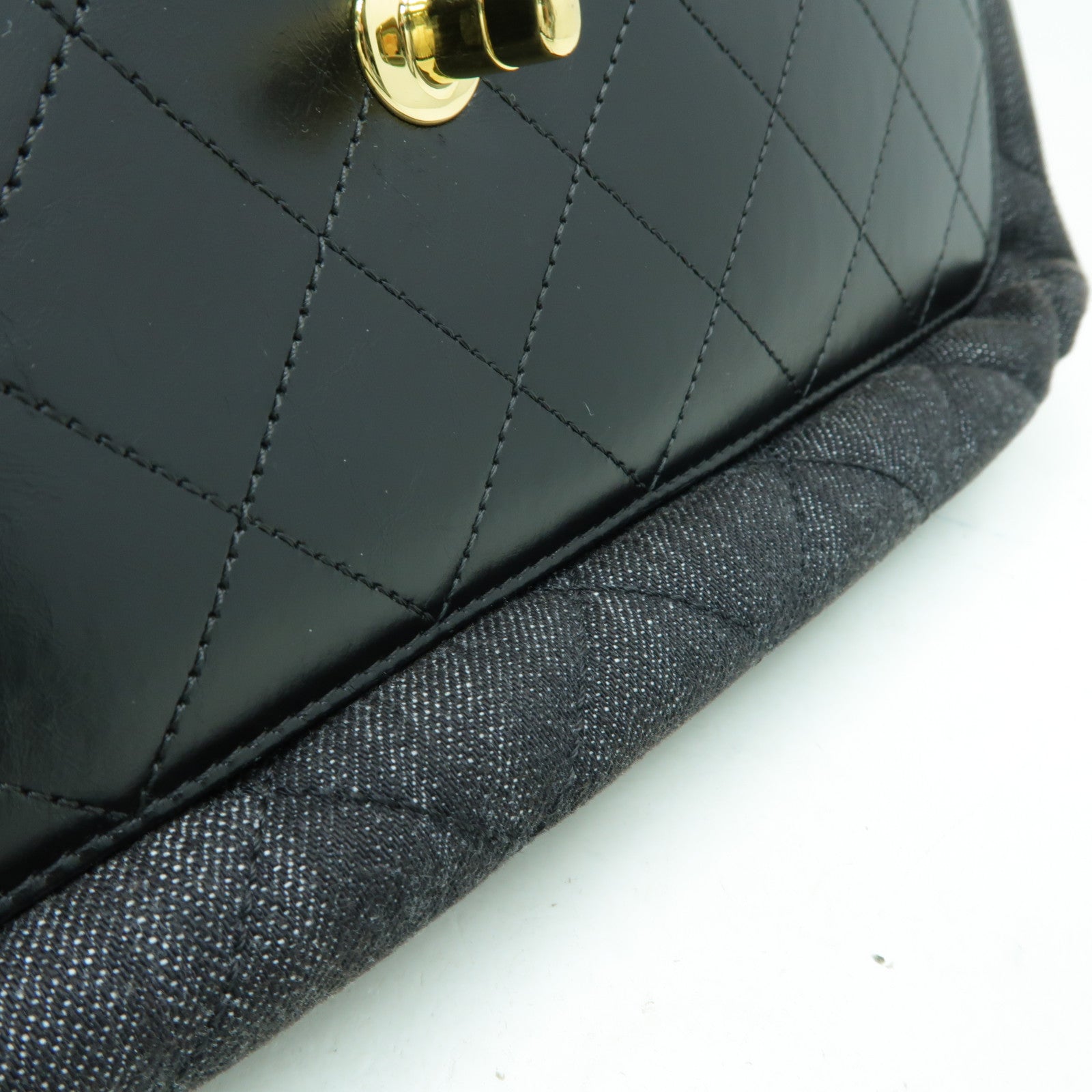 CHANEL 菱格帆布/牛皮皮革Chain Shoulder金扣鏈帶肩背袋黑色