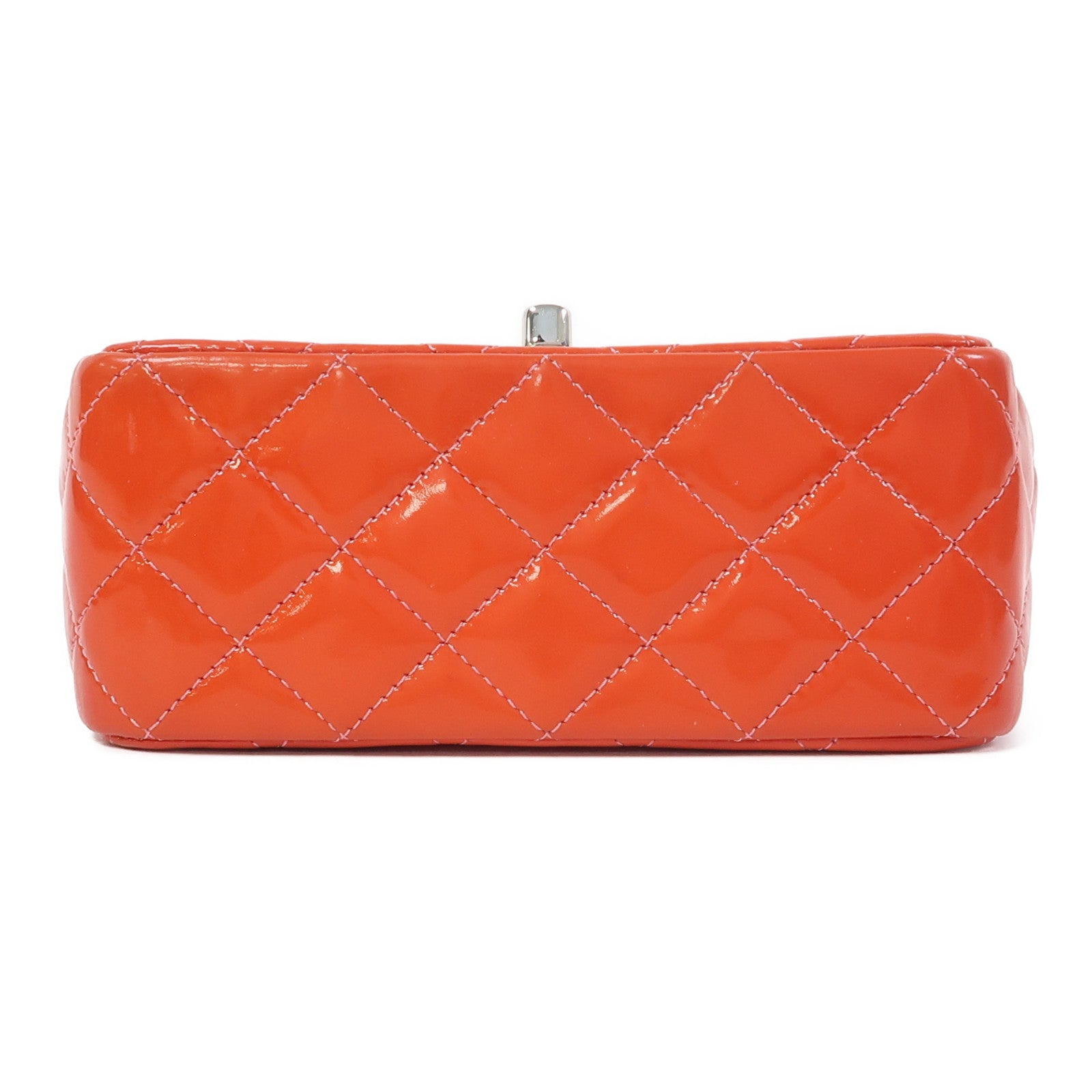 CHANEL 【激減優惠】菱格漆皮Classic Mini Square Chain Shoulder Bag銀扣鏈帶肩背袋橙色