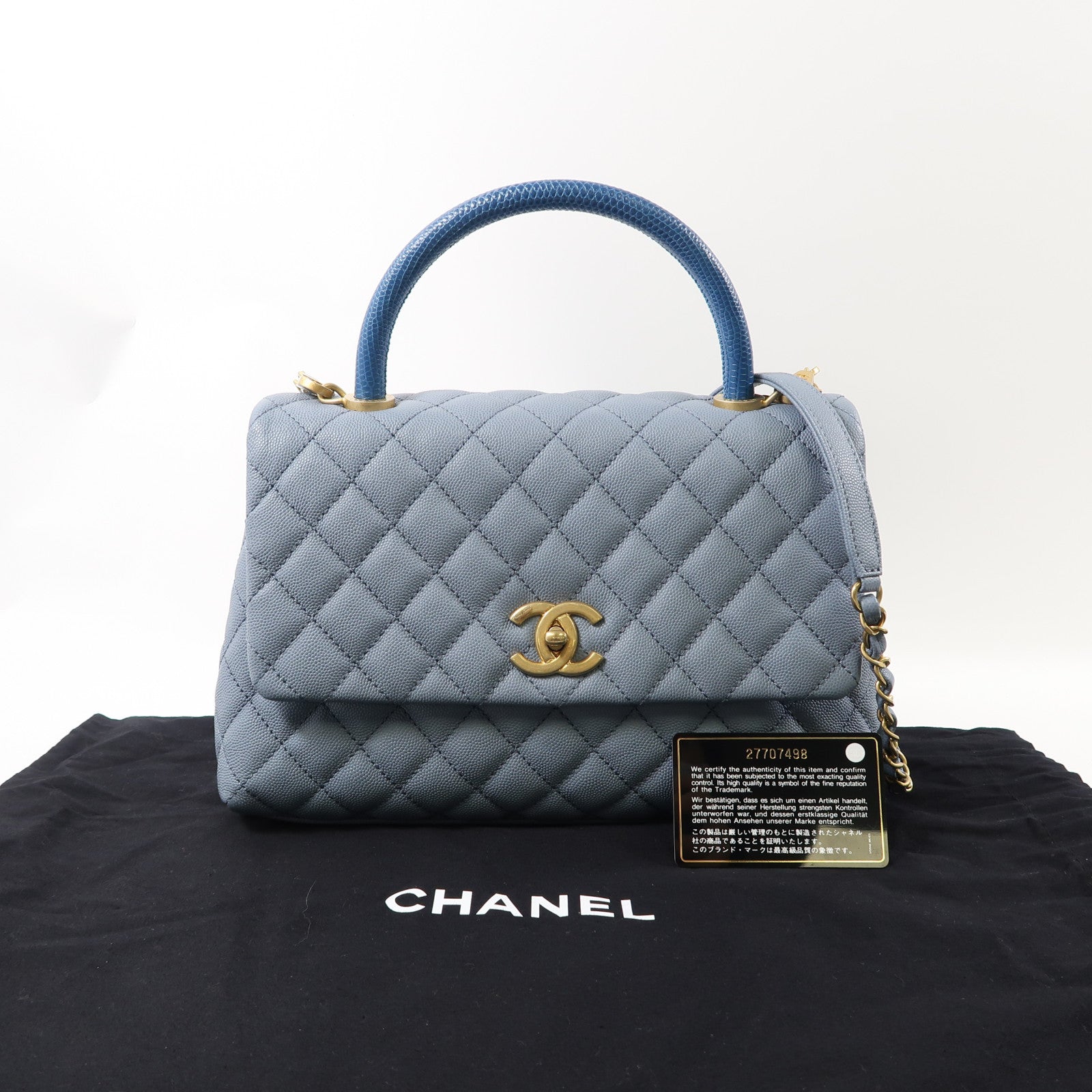 CHANEL 菱格Caviar皮革CoCo Handle Medium金扣手挽肩背兩用袋藍色