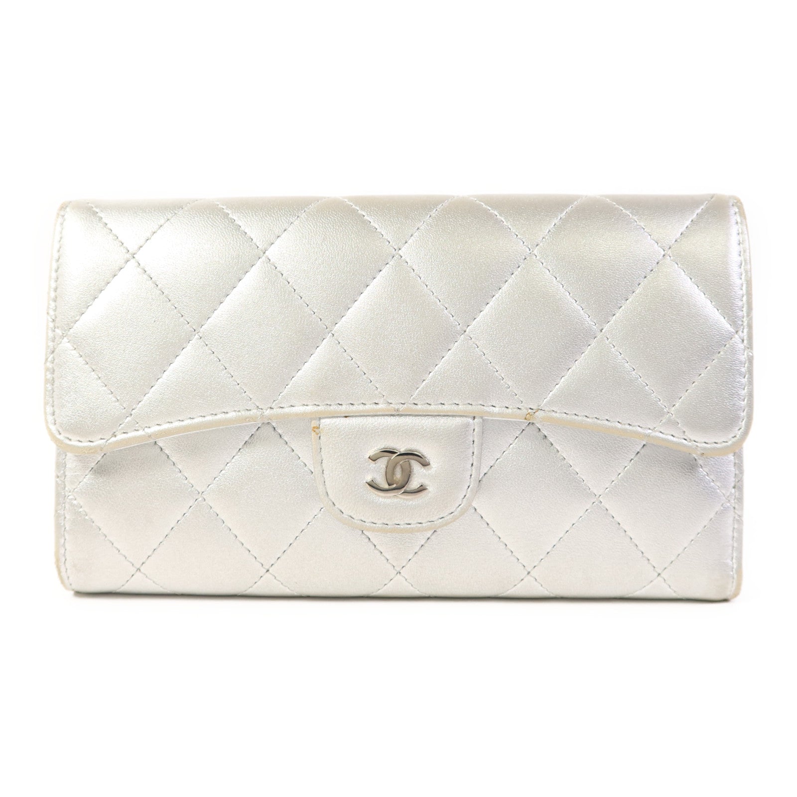 CHANEL 羊皮皮革Trifold Long Wallet銀扣長錢包