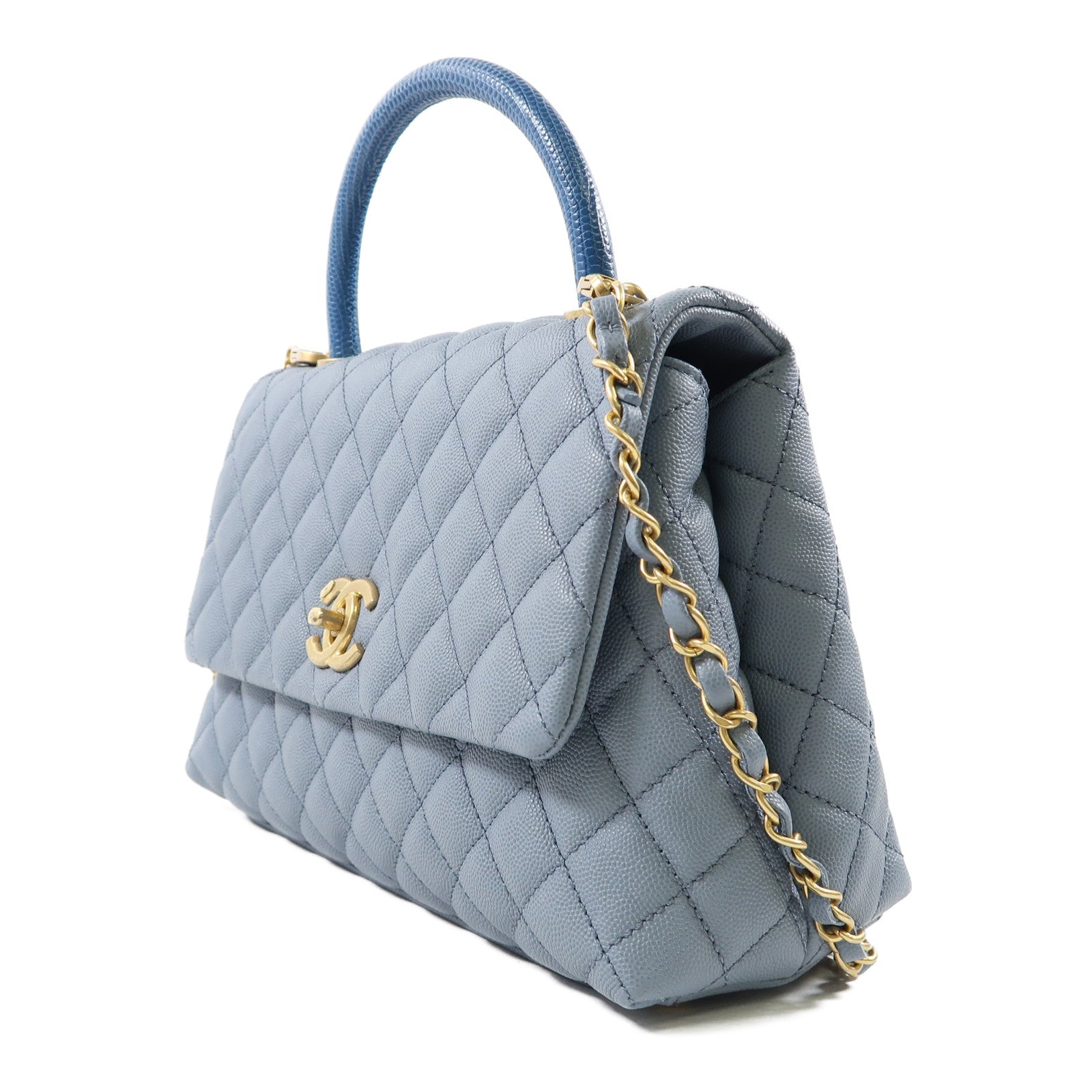 CHANEL 菱格Caviar皮革CoCo Handle Medium金扣手挽肩背兩用袋藍色