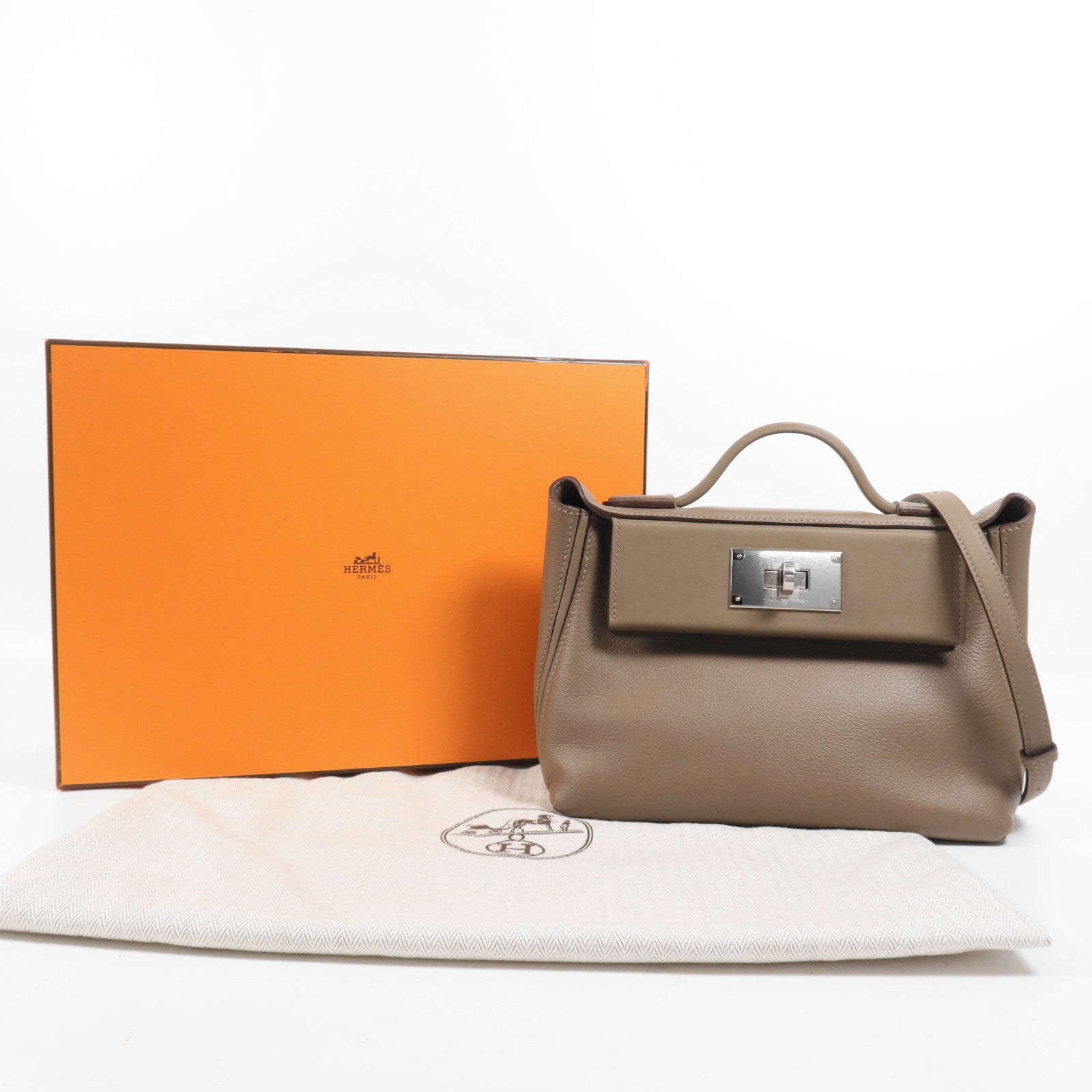 HERMES Evercolor皮革/Swift皮革24/24 Mini銀扣手挽肩背兩用袋Etoupe