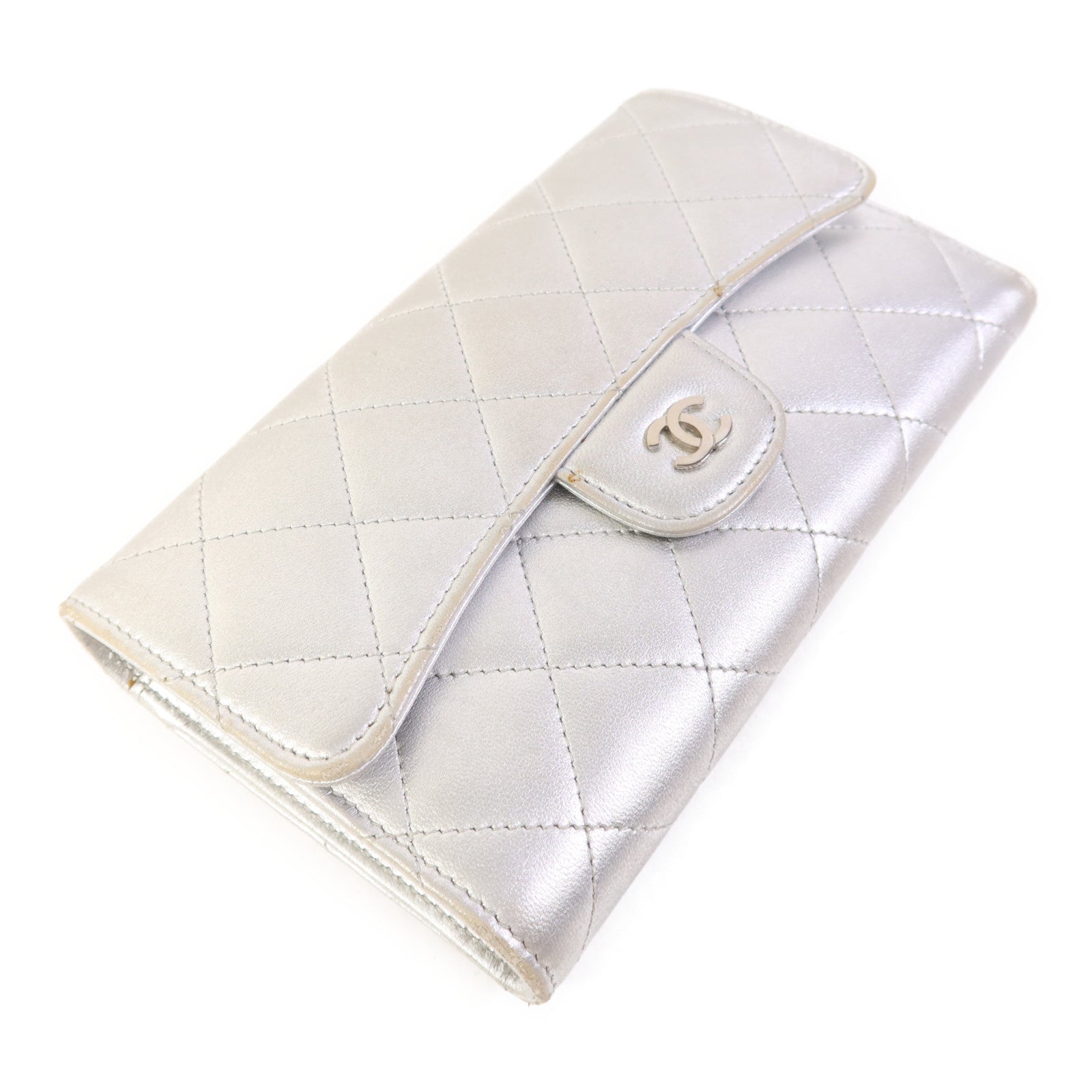 CHANEL 羊皮皮革Trifold Long Wallet銀扣長錢包