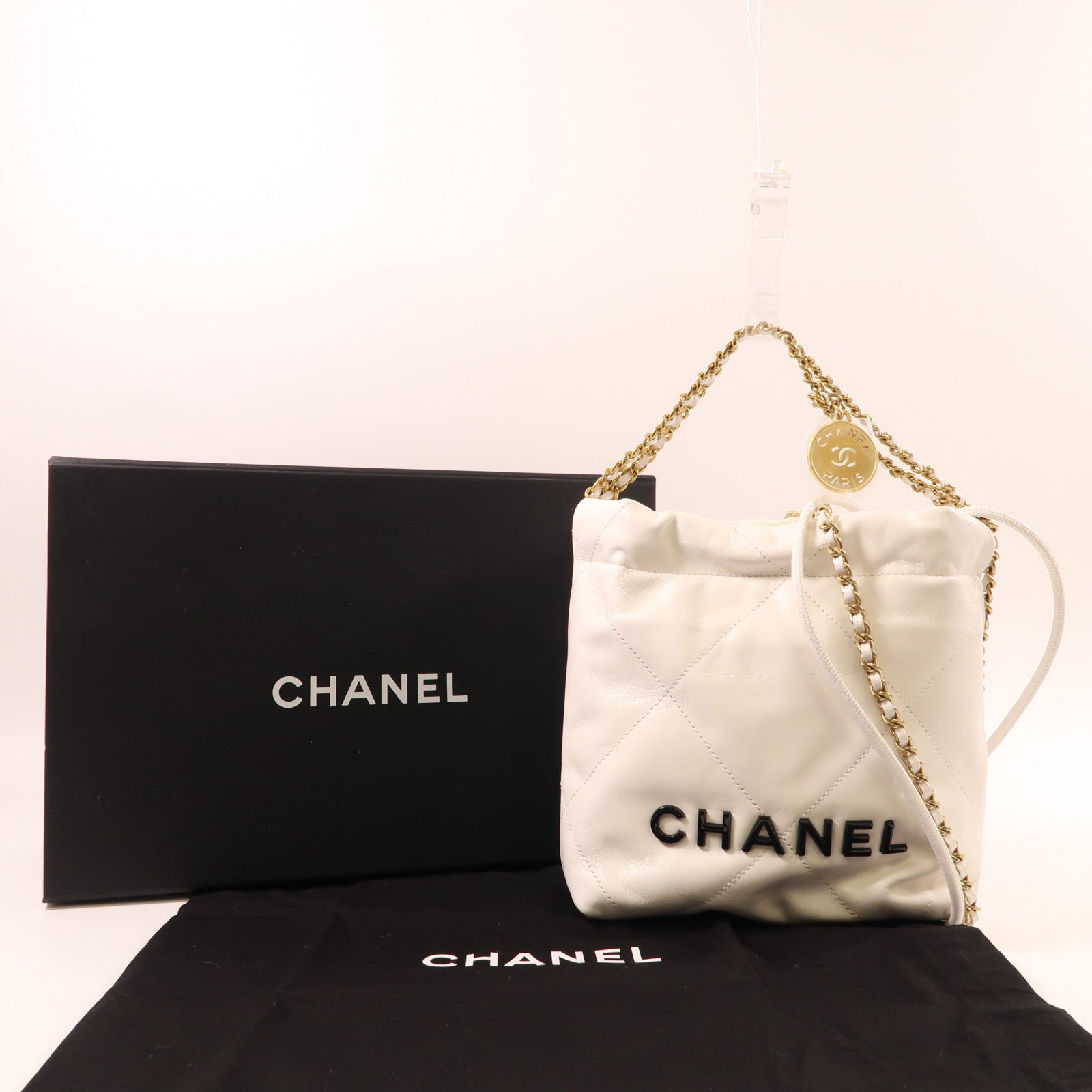 CHANEL 羊皮皮革C22 Mini金扣鏈帶肩背袋白色