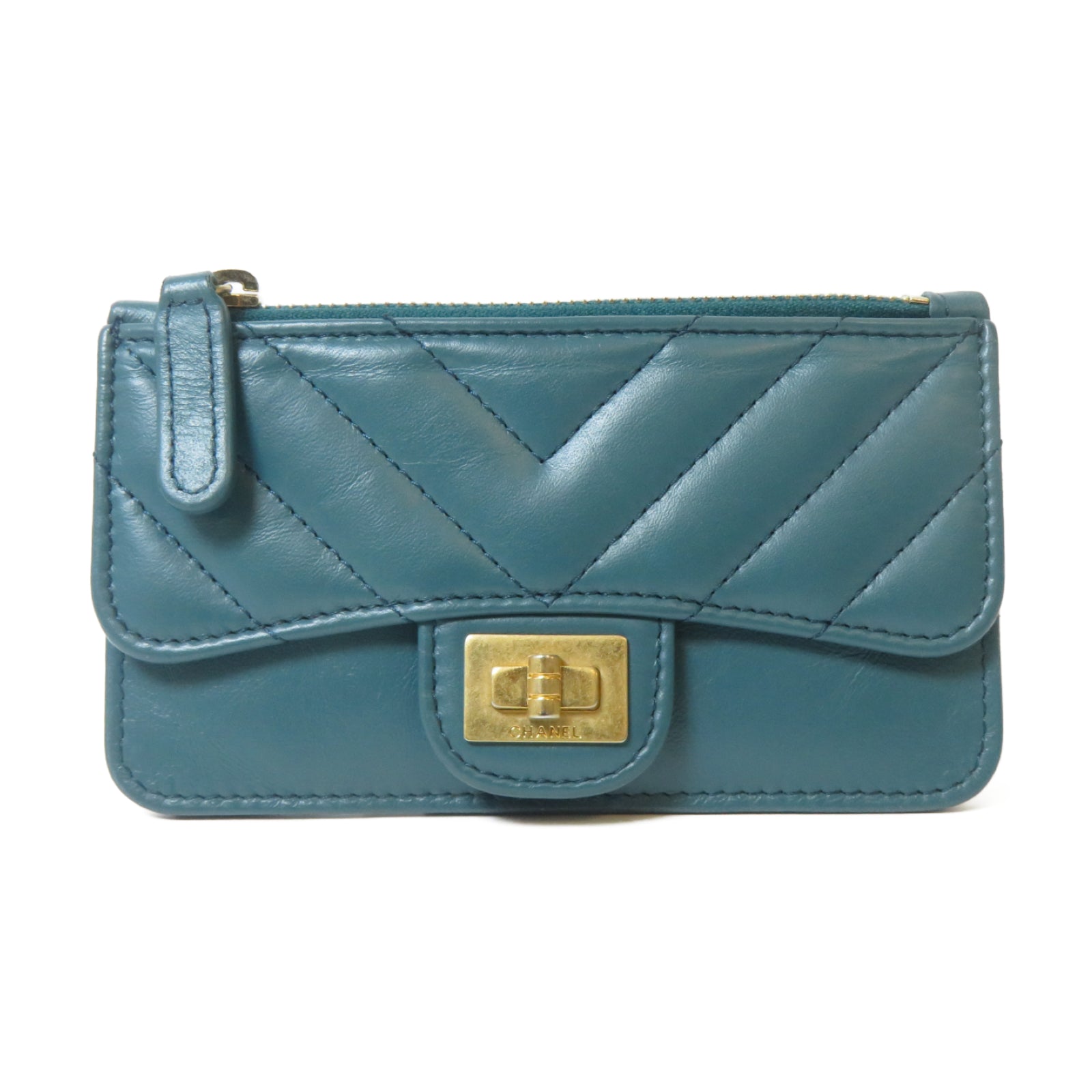 CHANEL 斜紋牛皮皮革Card Case金扣卡片套藍色