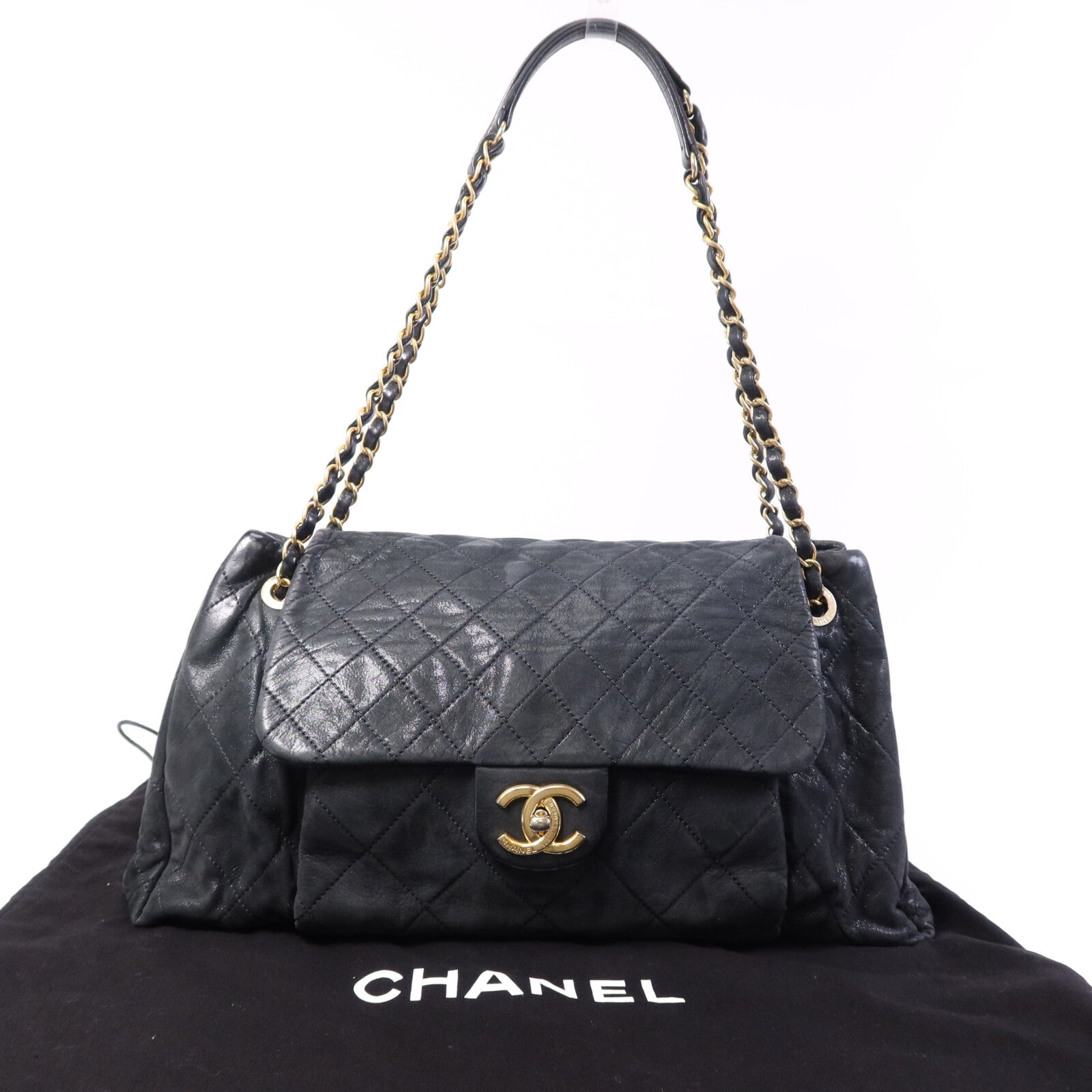 CHANEL 牛皮皮革Chic Qoilt Accordion Flap Bag金扣鏈帶肩背袋
