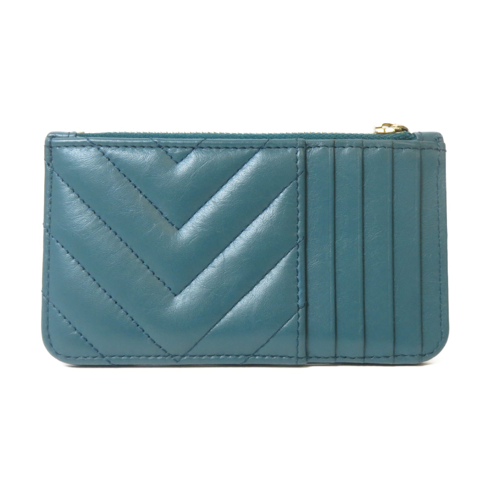 CHANEL 斜紋牛皮皮革Card Case金扣卡片套藍色