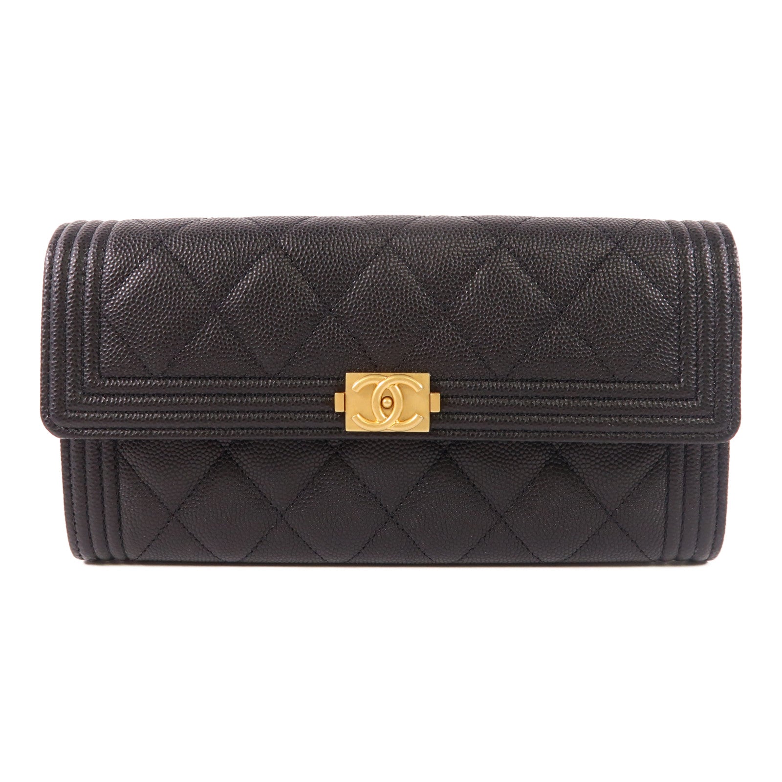 CHANEL 牛皮皮革Boy Long Wallet金扣長錢包