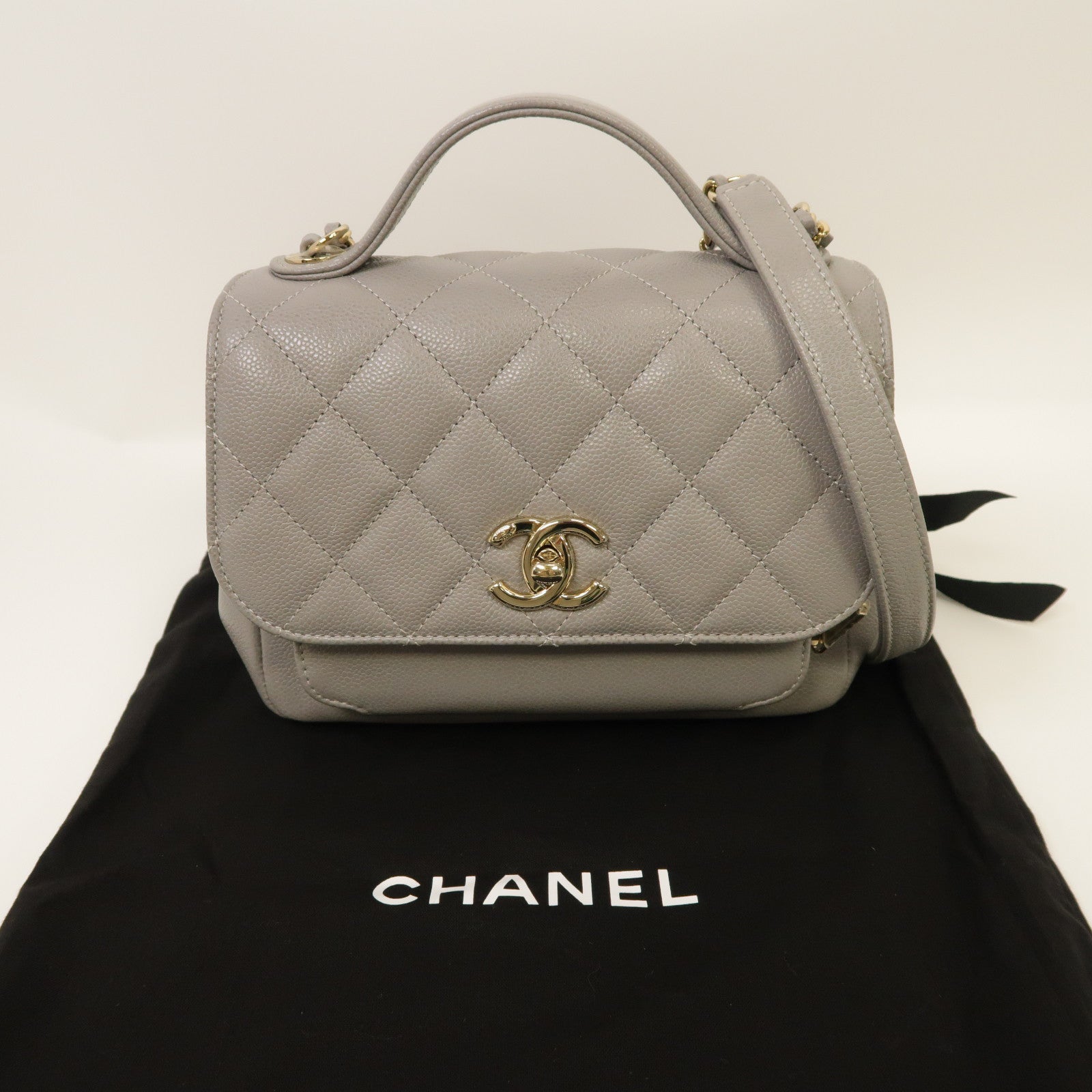 CHANEL 菱格Caviar皮革Chain Shoulder Bag金扣手挽肩背兩用袋灰色