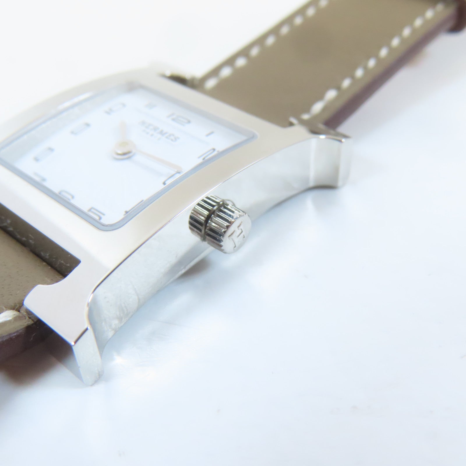 HERMES H Watch不鏽鋼/皮革手錶石英機芯白色#16cm