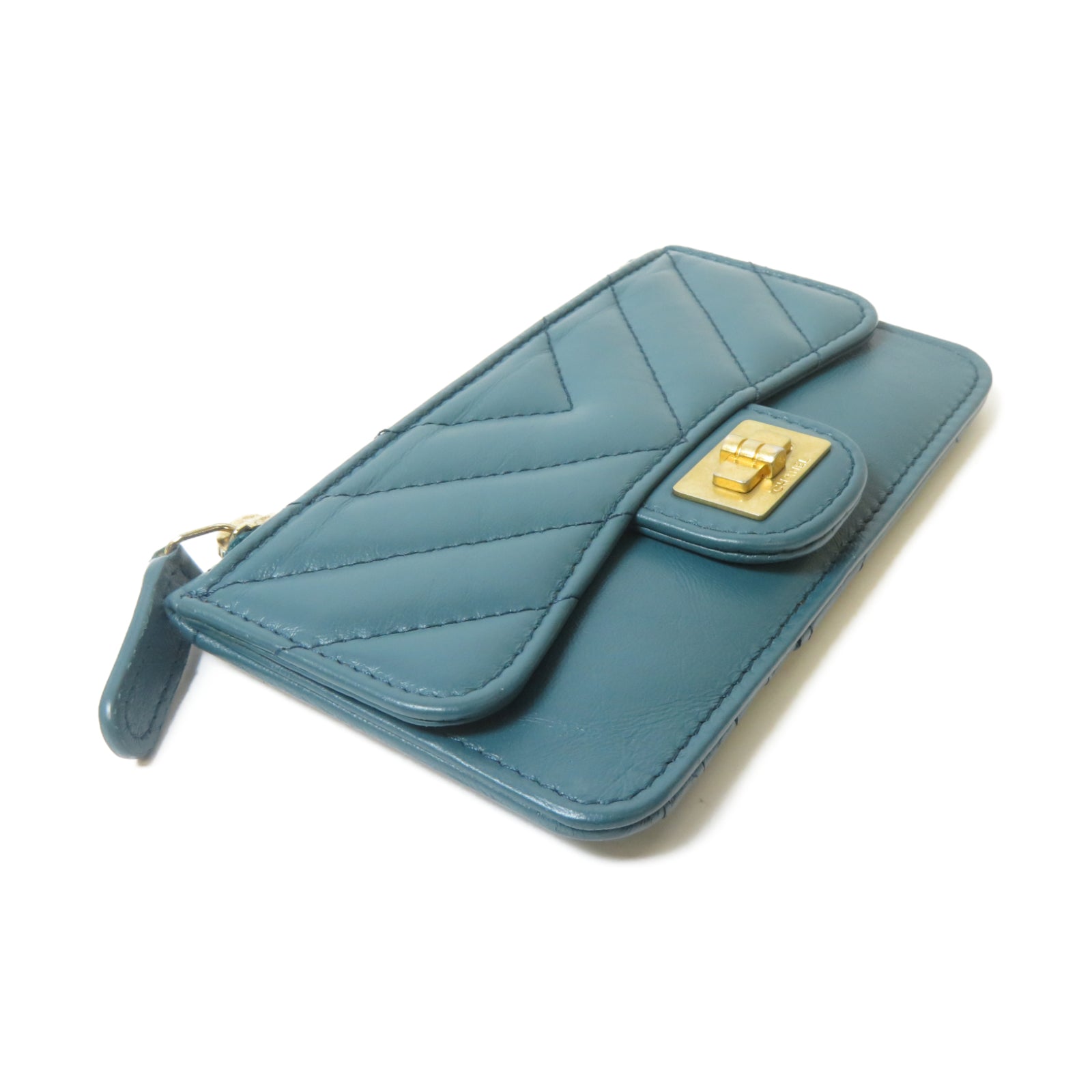 CHANEL 斜紋牛皮皮革Card Case金扣卡片套藍色