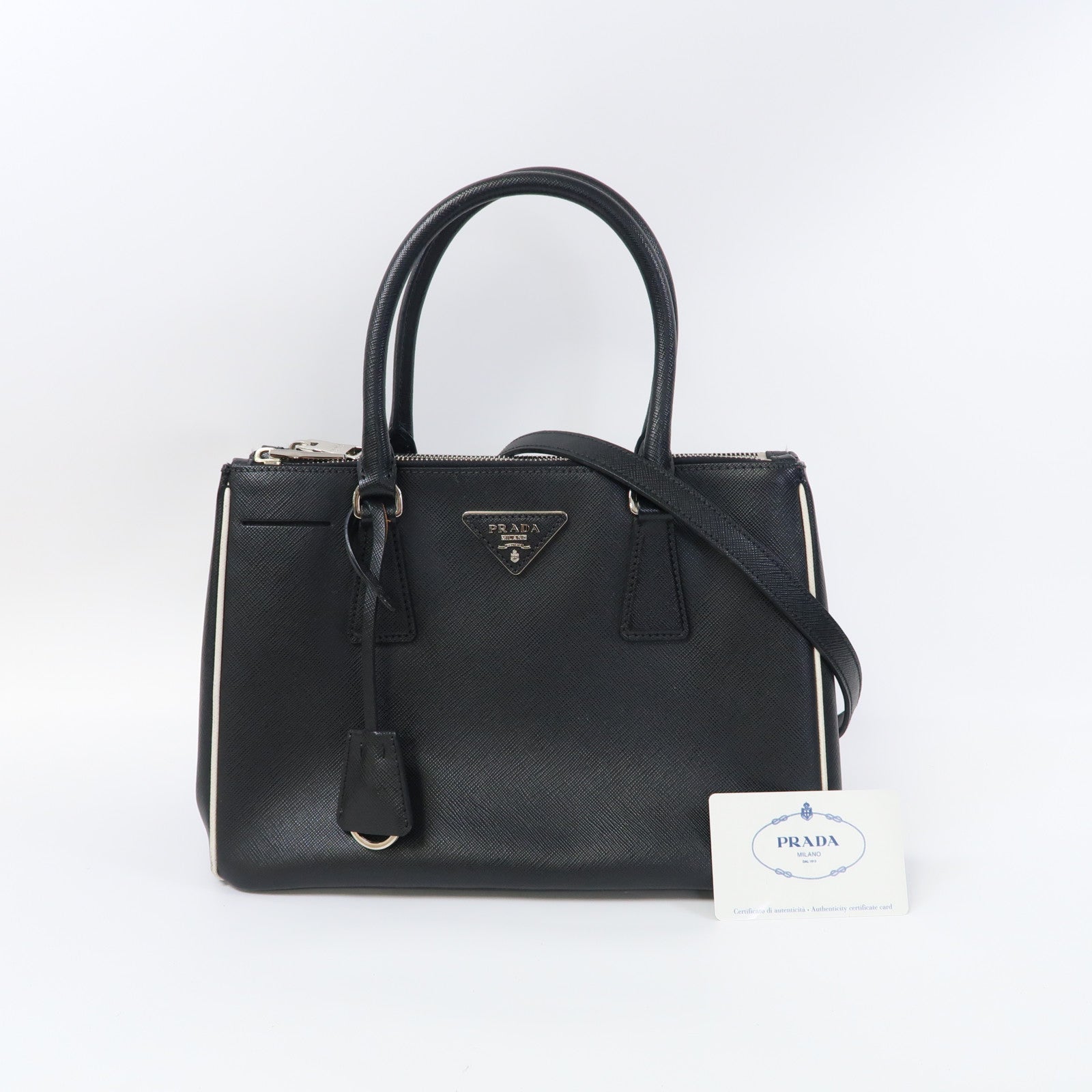 PRADA 牛皮皮革2 Way Shoulder Bag銀扣手挽肩背兩用袋黑色