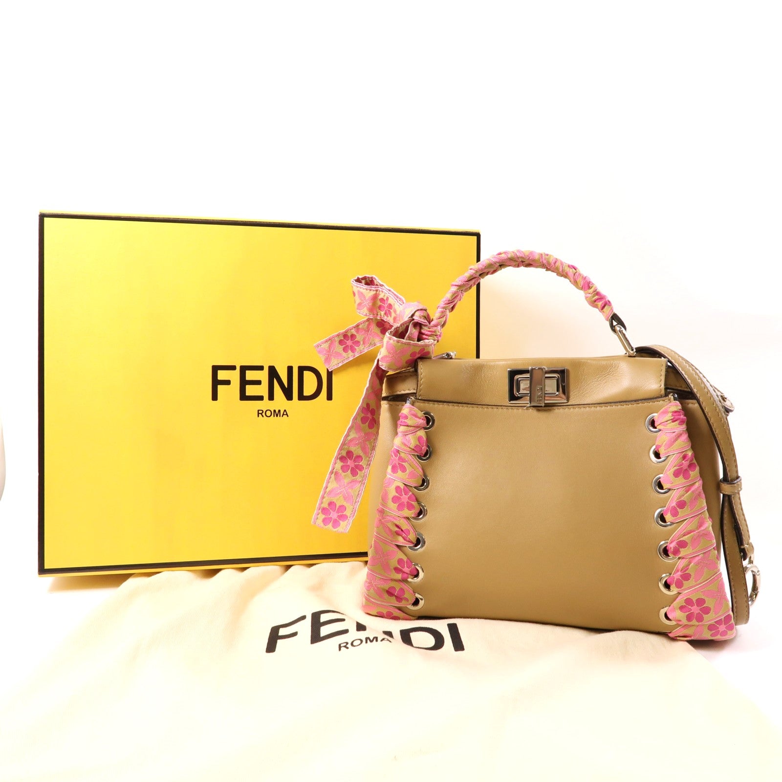 FENDI 羊皮皮革Mini Peekaboo金扣手挽肩背兩用袋淺啡色