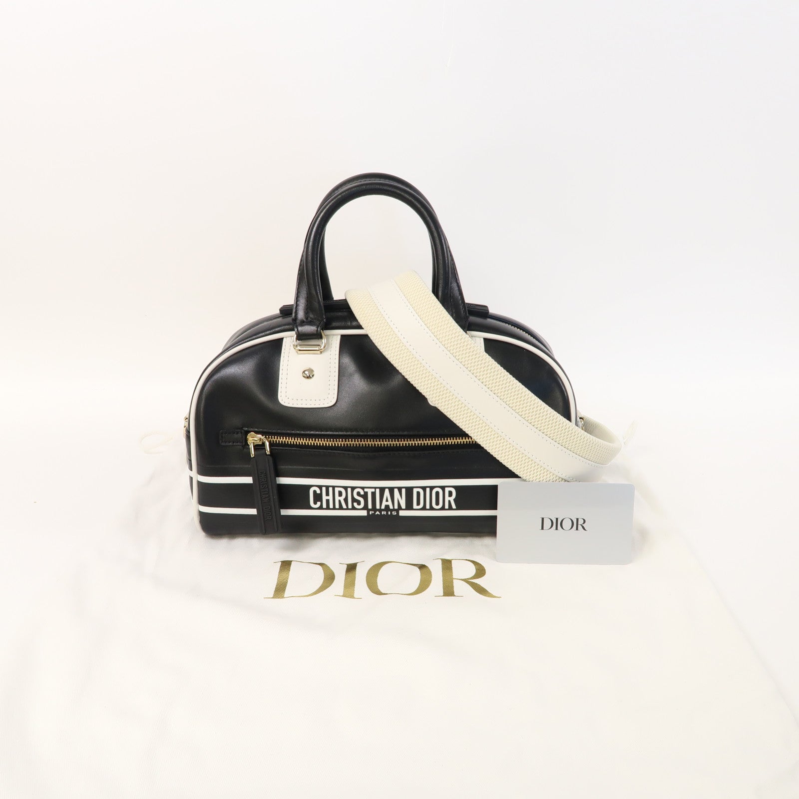 Dior 牛皮皮革Vibe Bowling Bag金扣手挽肩背兩用袋黑色/白色