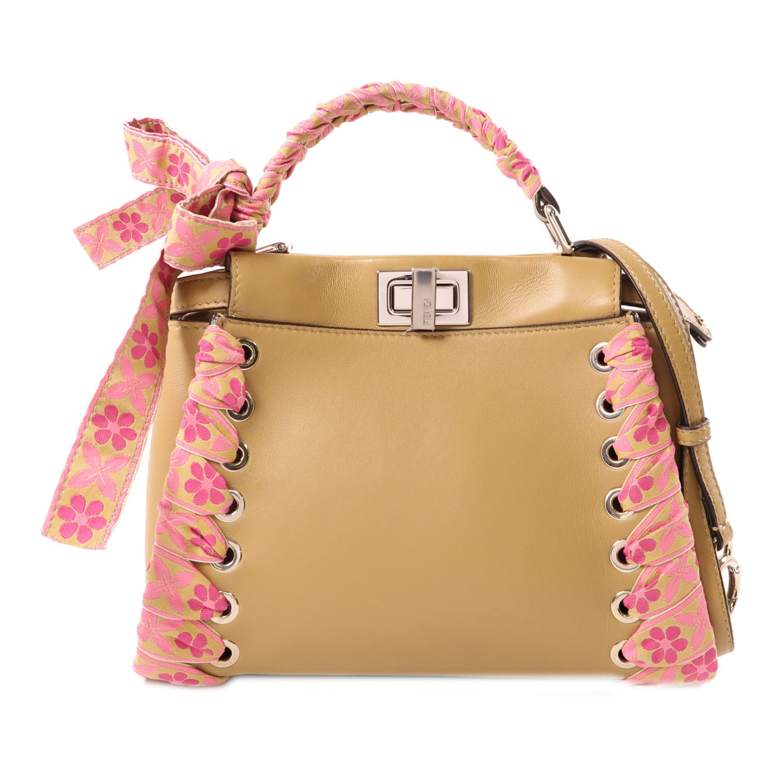 FENDI 羊皮皮革Mini Peekaboo金扣手挽肩背兩用袋淺啡色