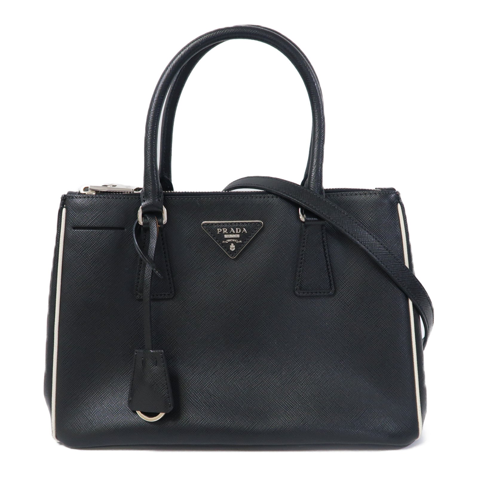 PRADA 牛皮皮革2 Way Shoulder Bag銀扣手挽肩背兩用袋黑色