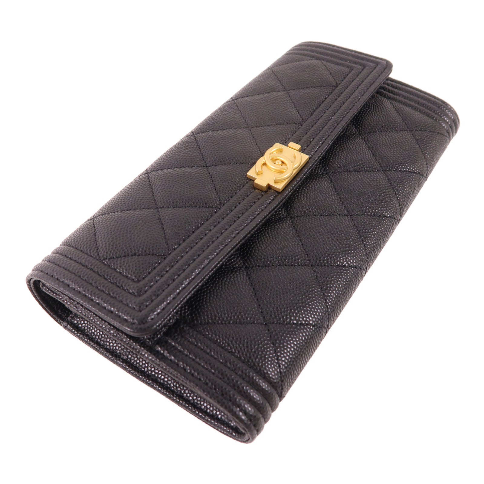CHANEL 牛皮皮革Boy Long Wallet金扣長錢包