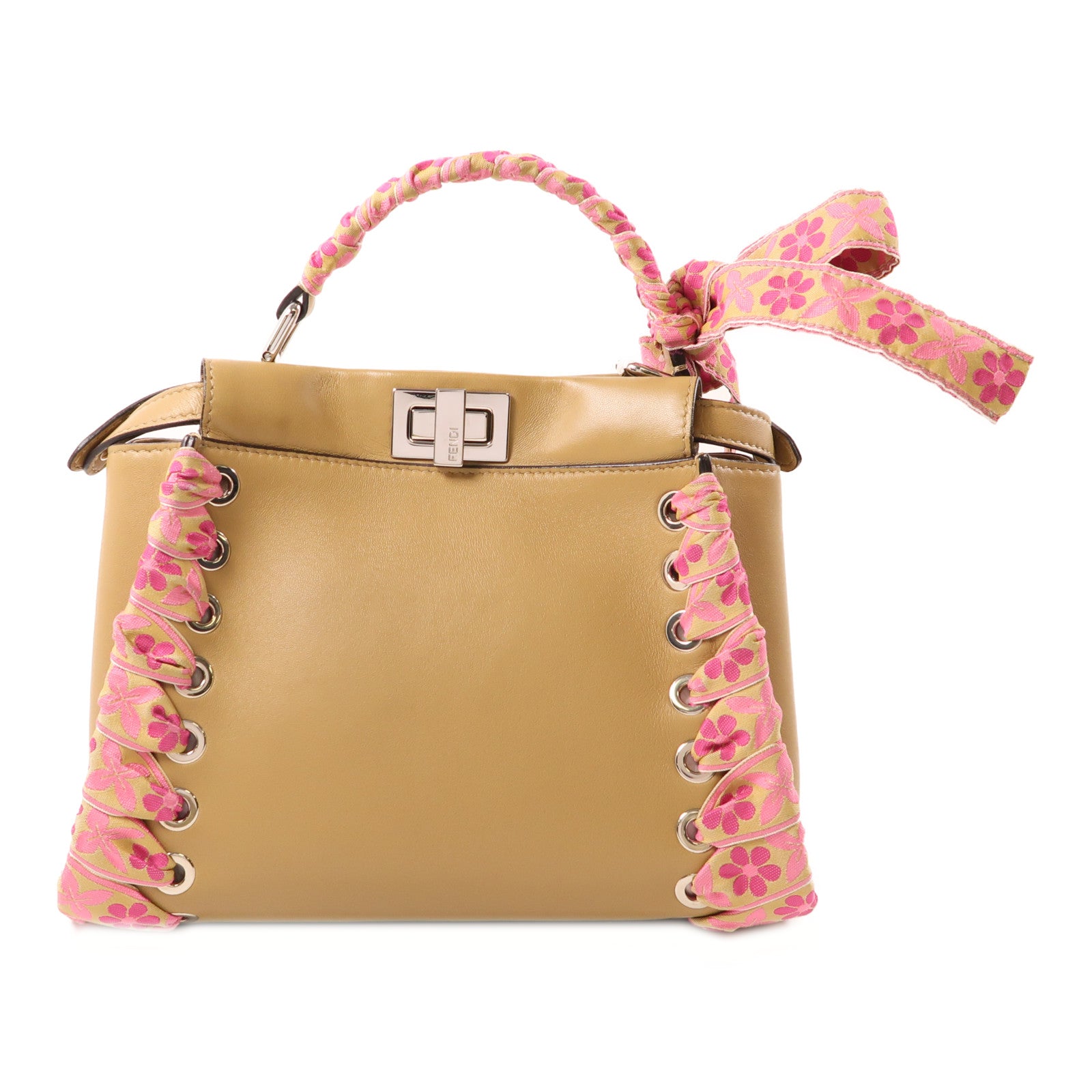 FENDI 羊皮皮革Mini Peekaboo金扣手挽肩背兩用袋淺啡色
