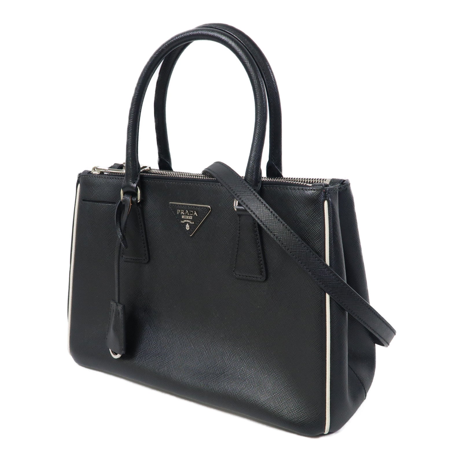 PRADA 牛皮皮革2 Way Shoulder Bag銀扣手挽肩背兩用袋黑色