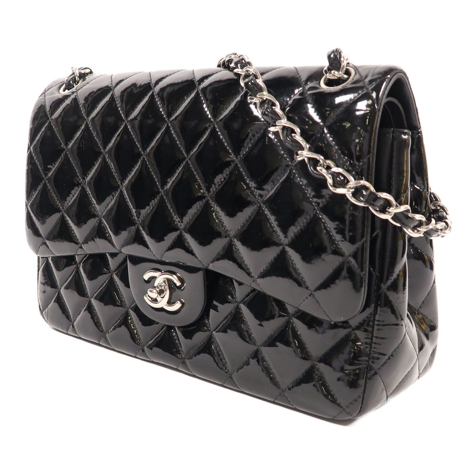 CHANEL 漆皮皮革Large Classic銀扣鏈帶肩背袋